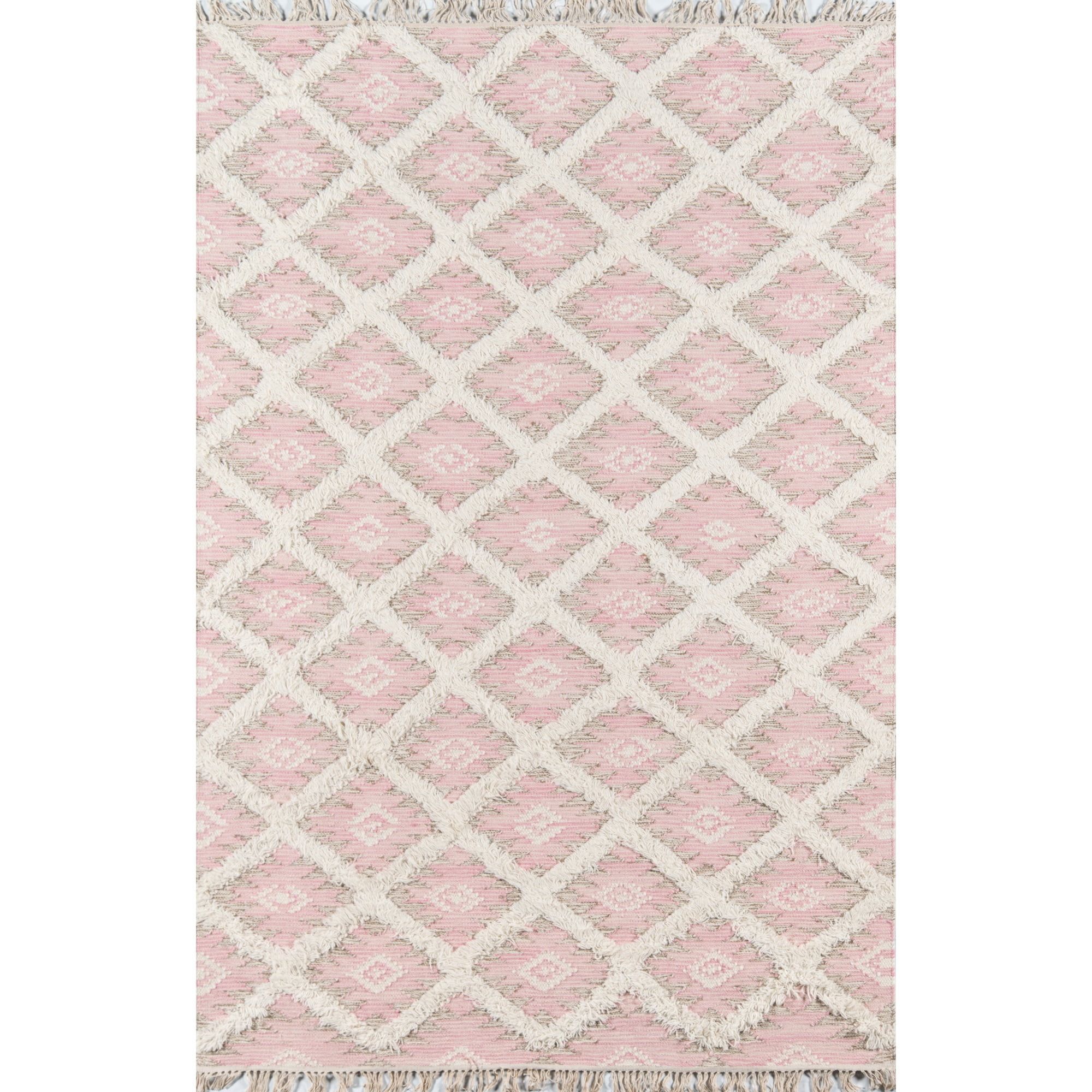 Handmade Pink Wool Geometric Area Rug with Fringe