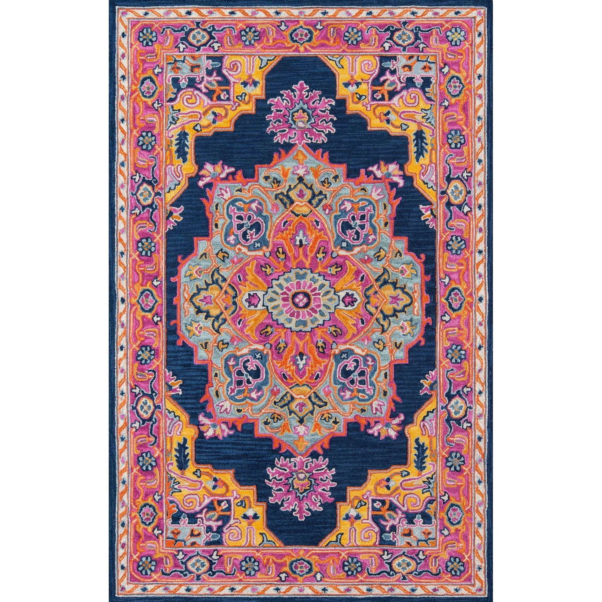 Navy and Pink Hand-Tufted Wool Medallion Rug 2' x 3'