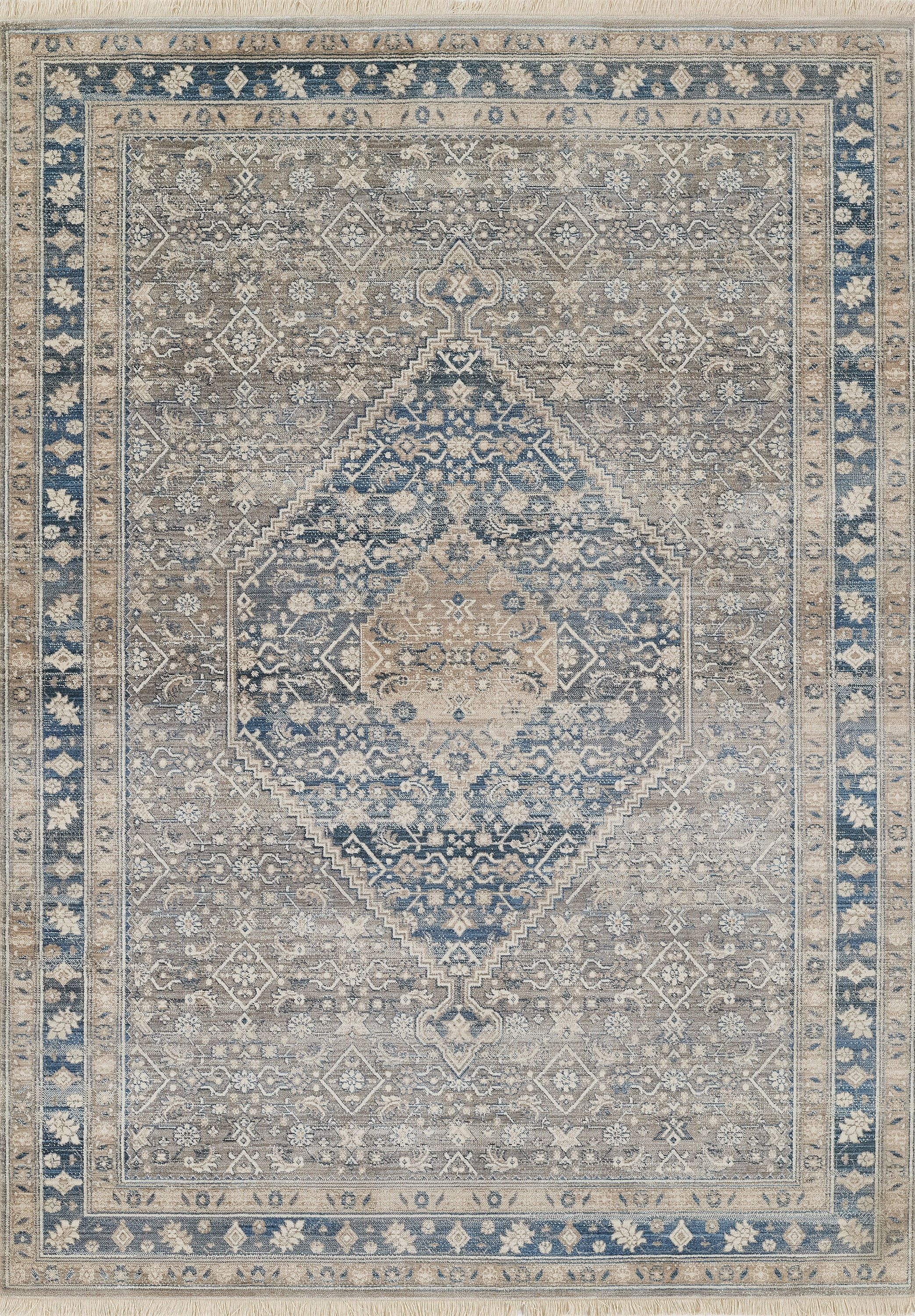 Blue and Beige Floral Motif Wool Area Rug 5' x 7'