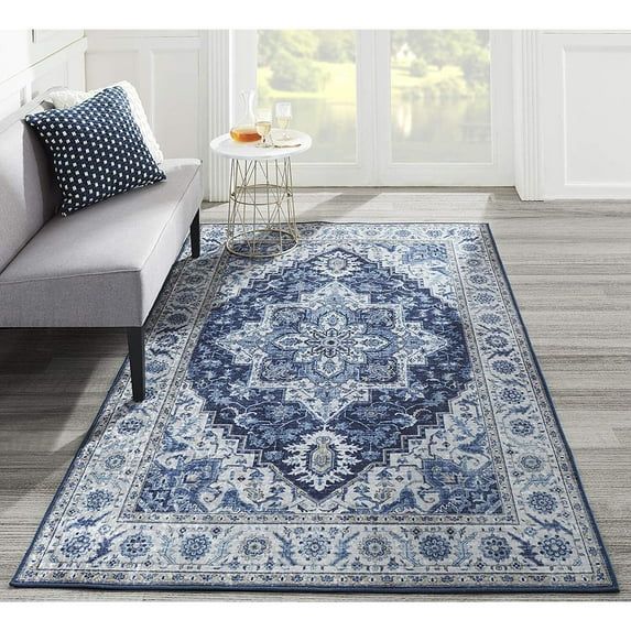 Navy Blue Polyester Traditional Runner Rug 2'3" x 8'