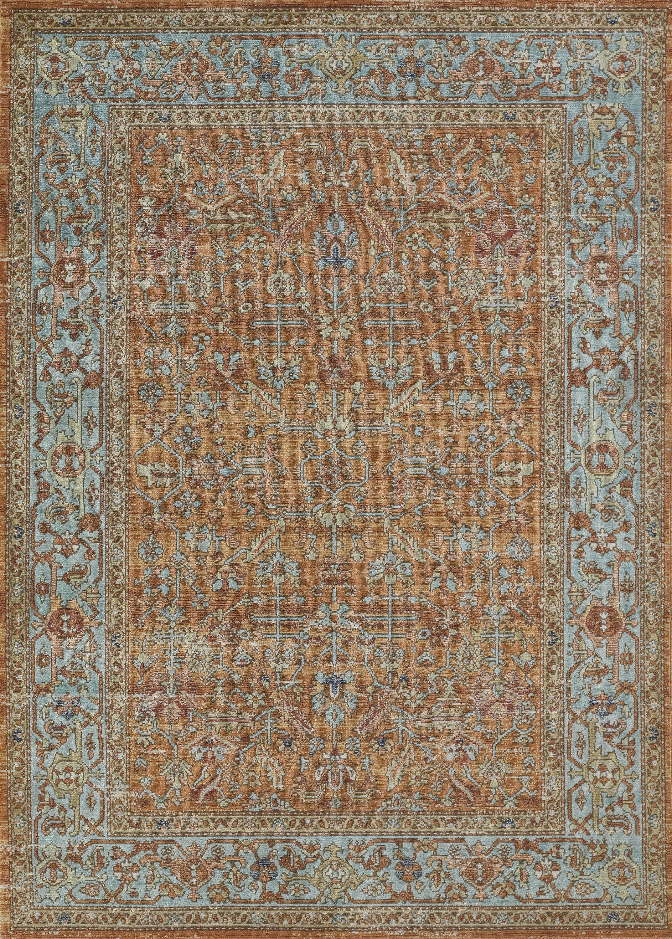 Rectangular Orange and Blue Synthetic Traditional Rug