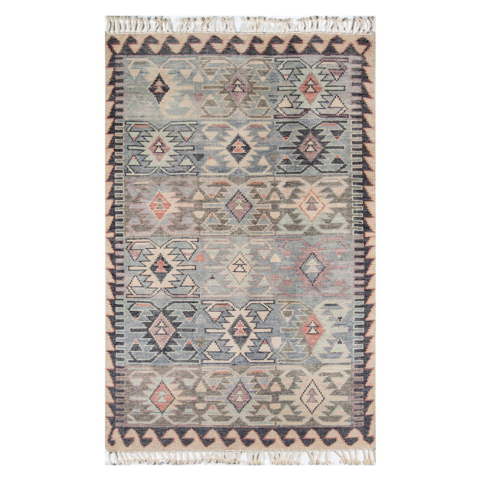 Handmade Blue Wool Rectangular Boho Area Rug 8' x 11'