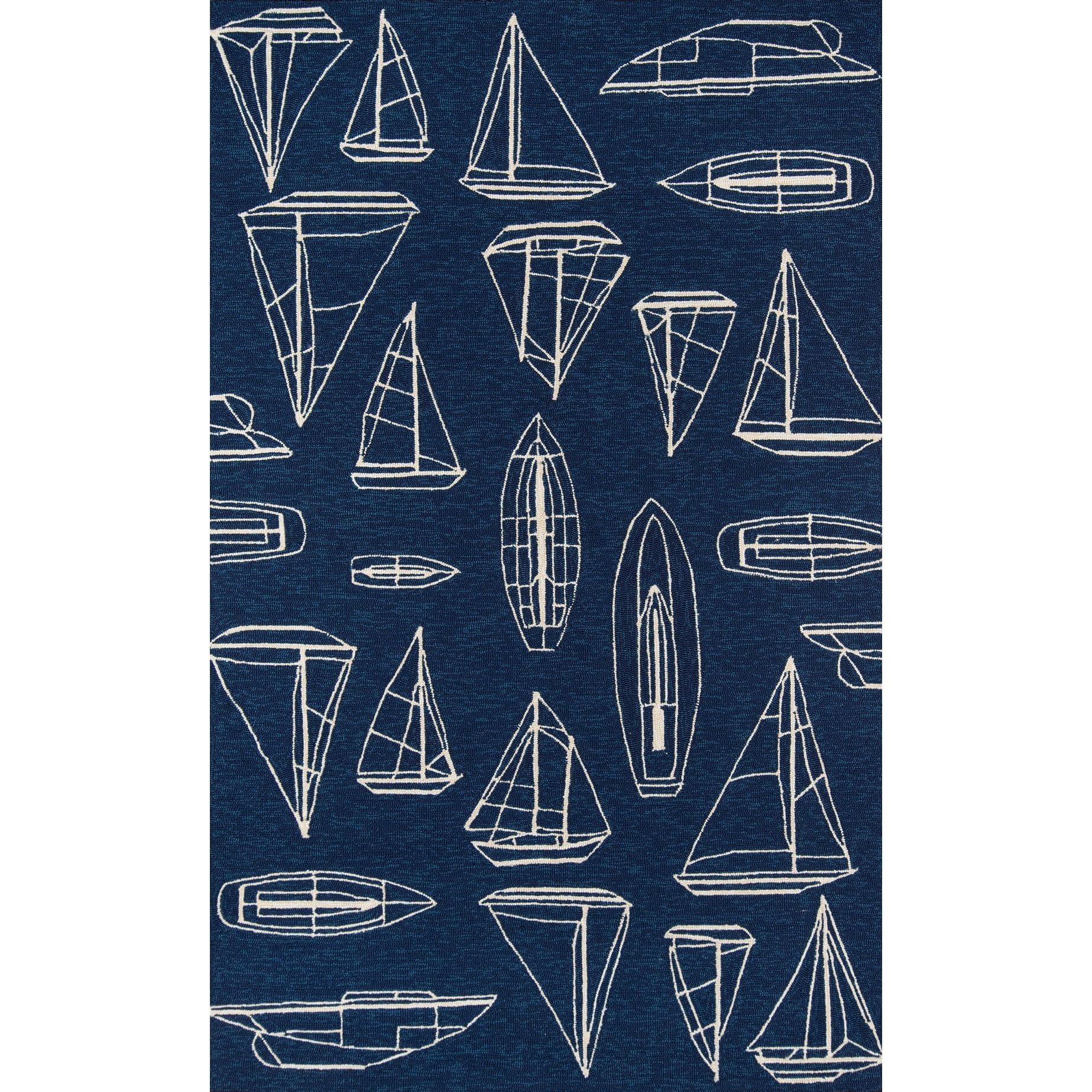 Navy Rectangular Nautical Pattern Outdoor Rug, 5' x 8'