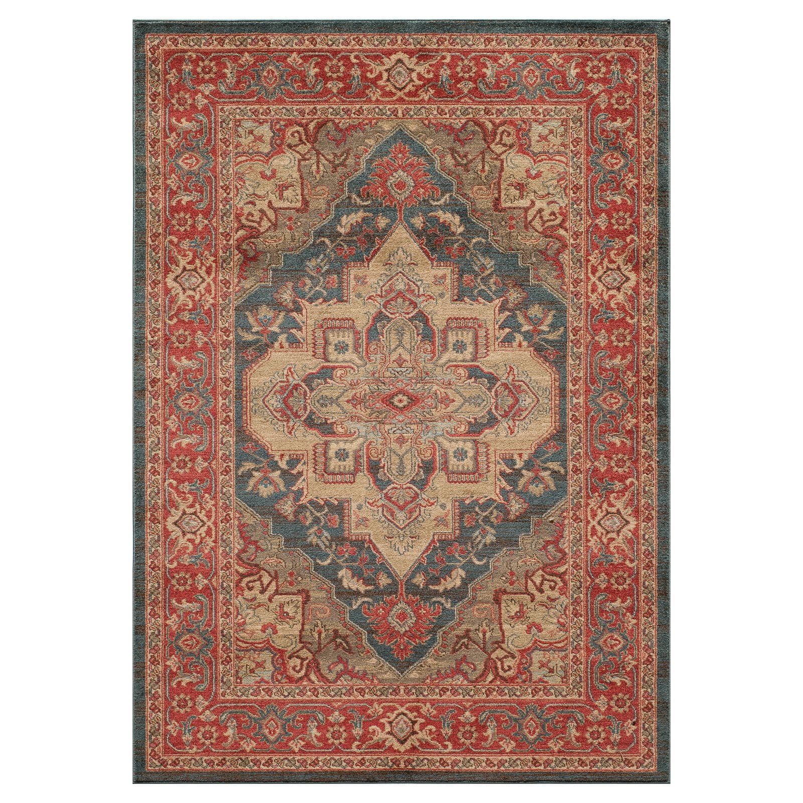 Navy and Beige Traditional Medallion Wool Area Rug