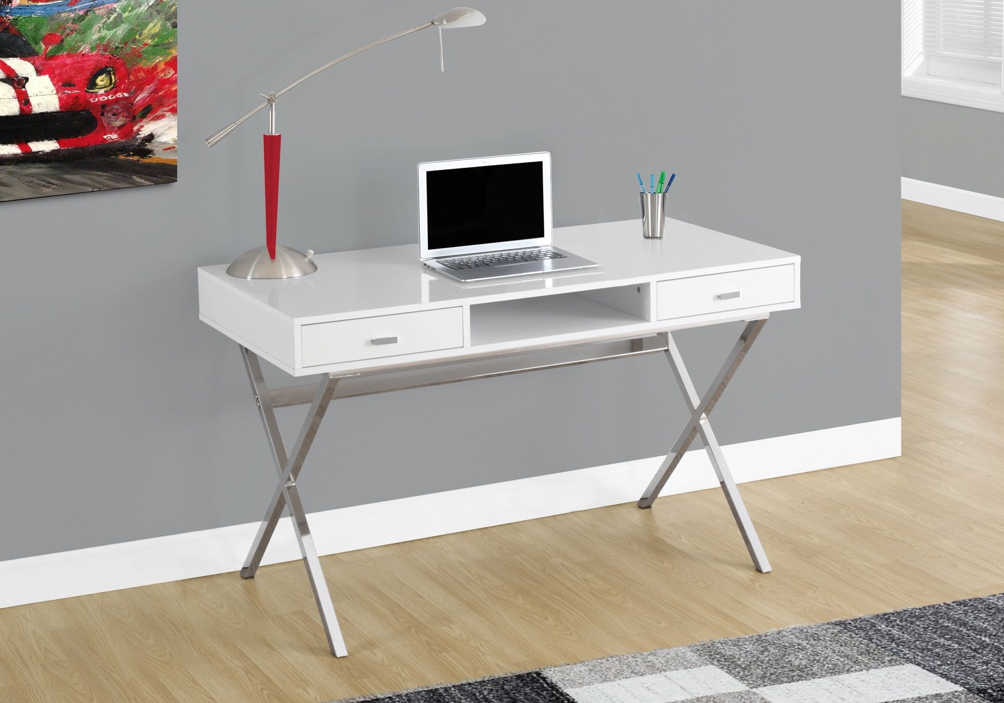 Contemporary Glossy White Home Office Desk with Chrome Accents