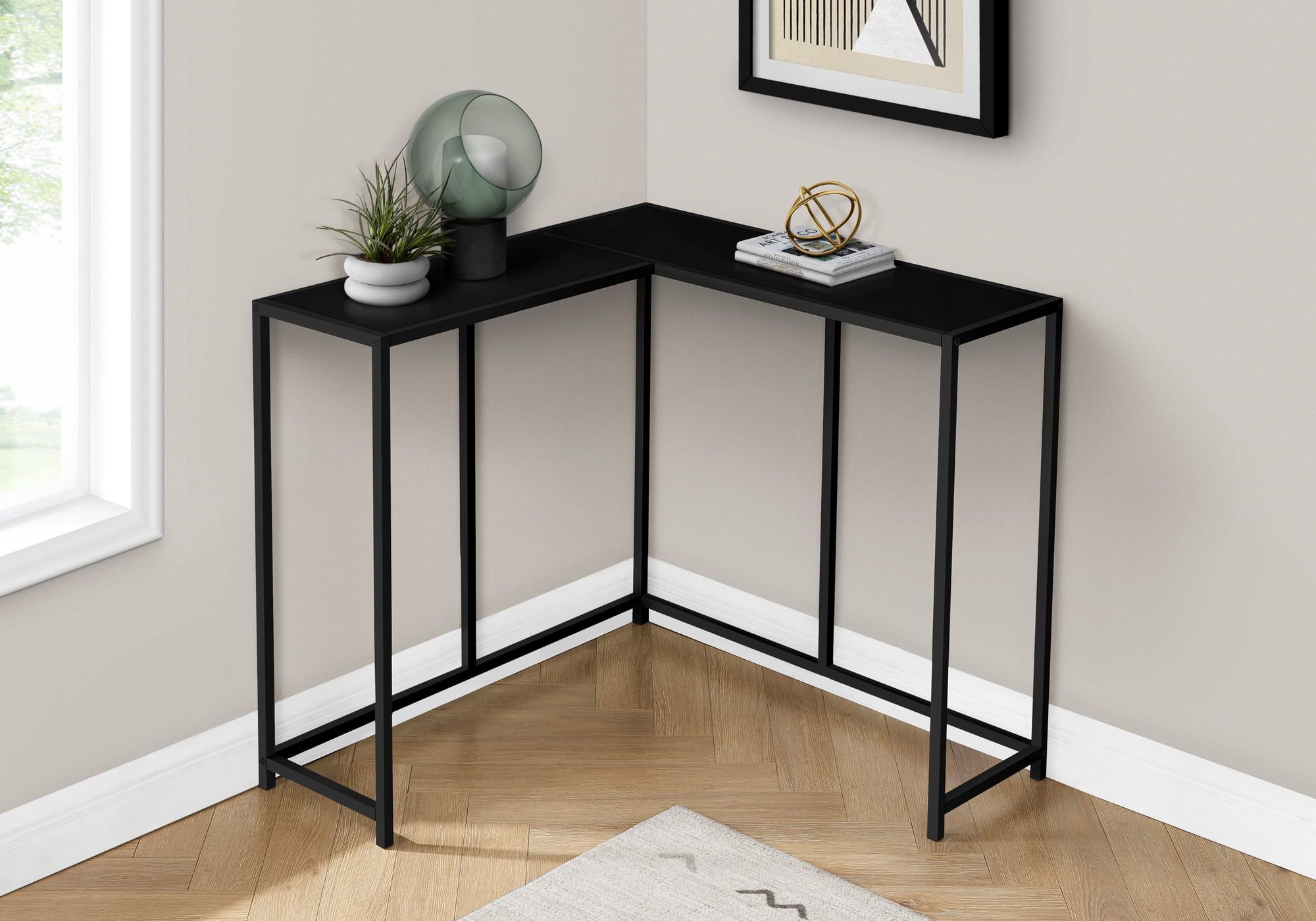 Black Metal and Wood L-Shaped Corner Console Table with Storage