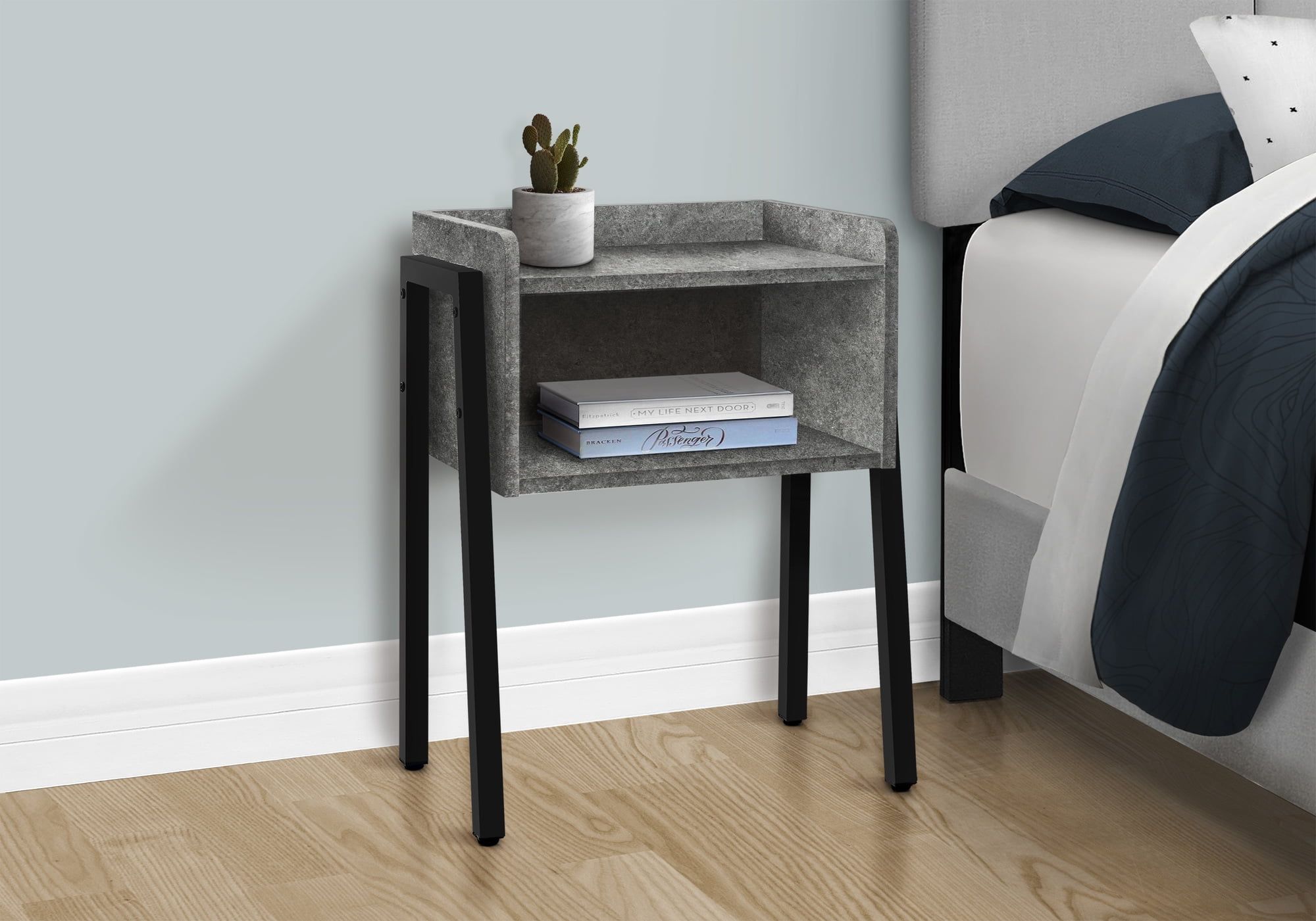 Modern Industrial Stone-Look Accent Table with Black Metal Legs