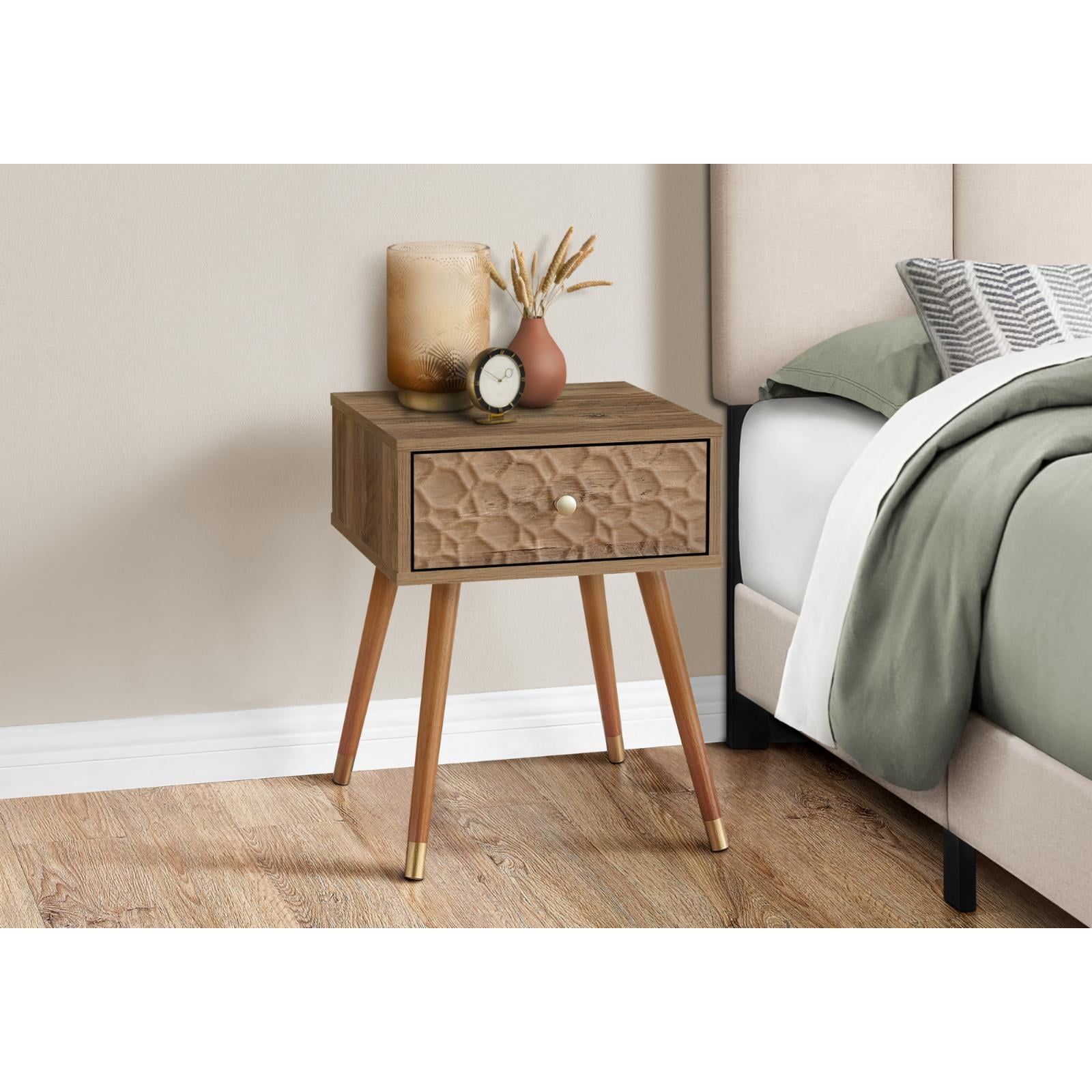 Retro Walnut Wood Square Accent Table with Rippled Drawer