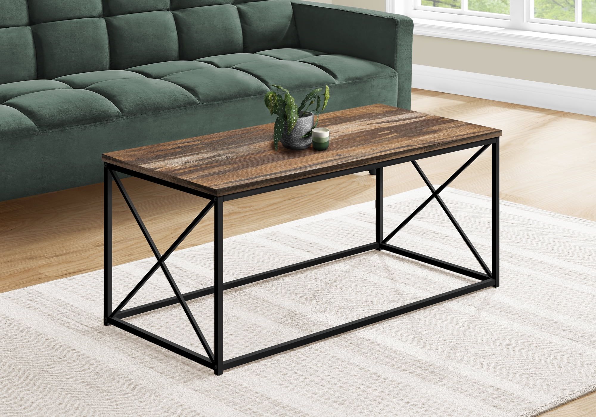 Contemporary 40" Black Metal and Brown Wood Coffee Table