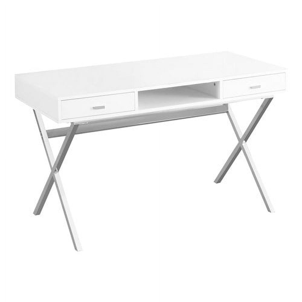 Contemporary Glossy White Home Office Desk with Chrome Accents