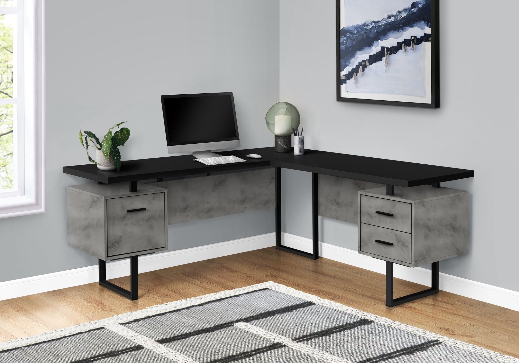 Extra-Large Black Wood Corner Computer Desk with Filing Drawer