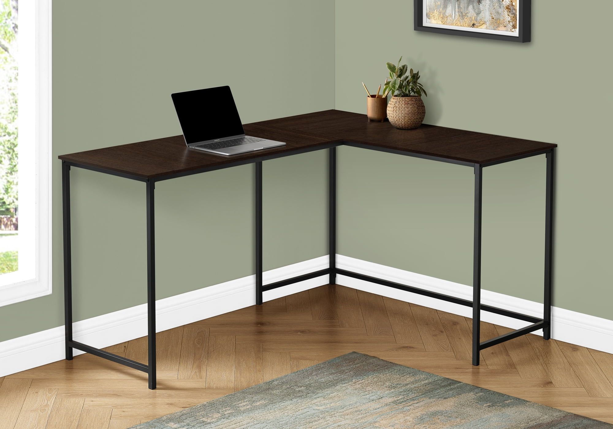 Contemporary Espresso Brown L-Shaped Home Office Desk with Black Metal Base