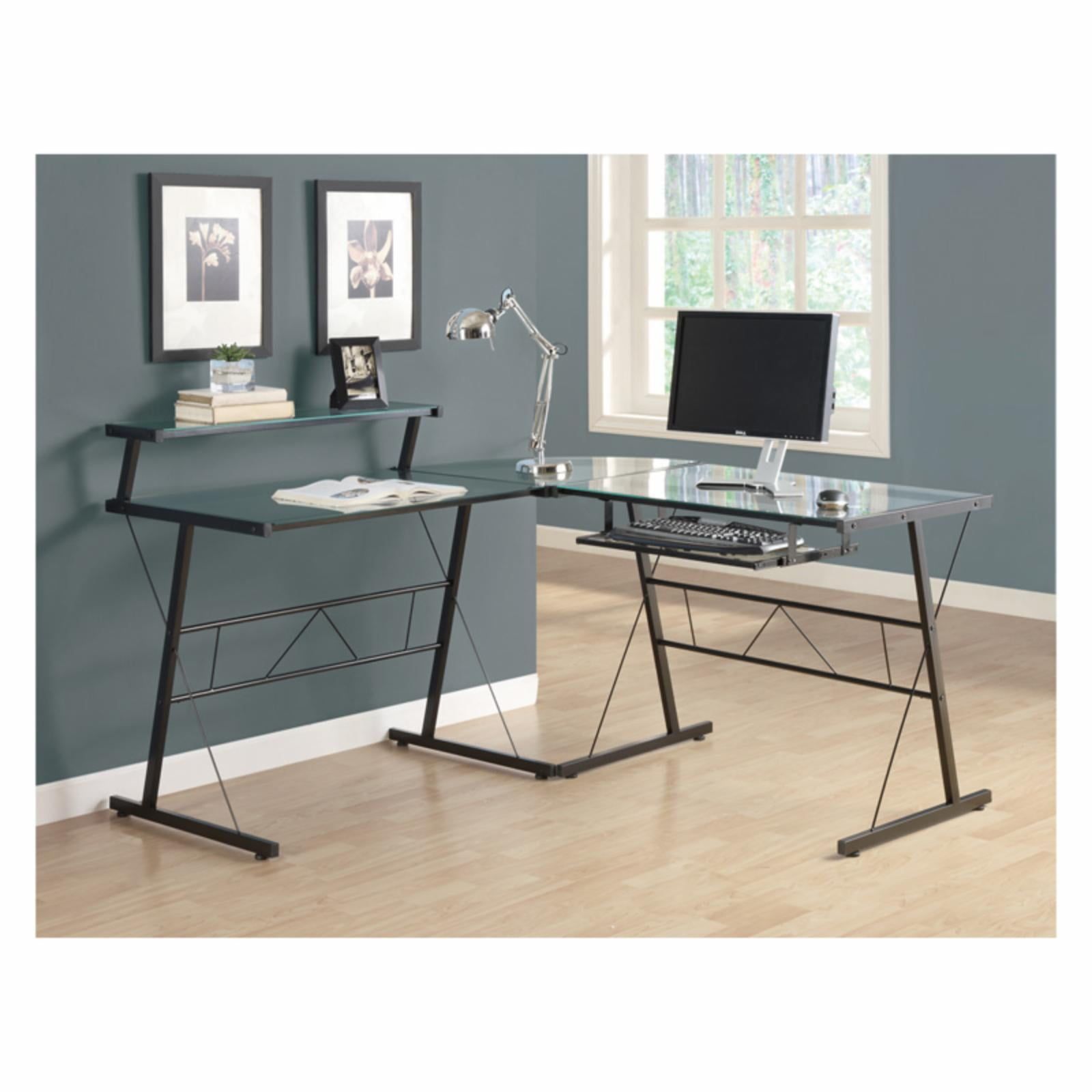 Black Metal L-Shaped Corner Desk with Glass Top and Keyboard Tray