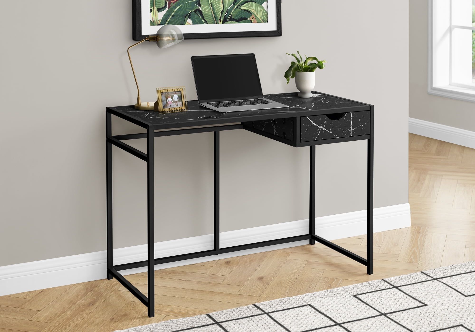 Modern Industrial 42'' Black Marble-Look Home Office Desk with Drawer