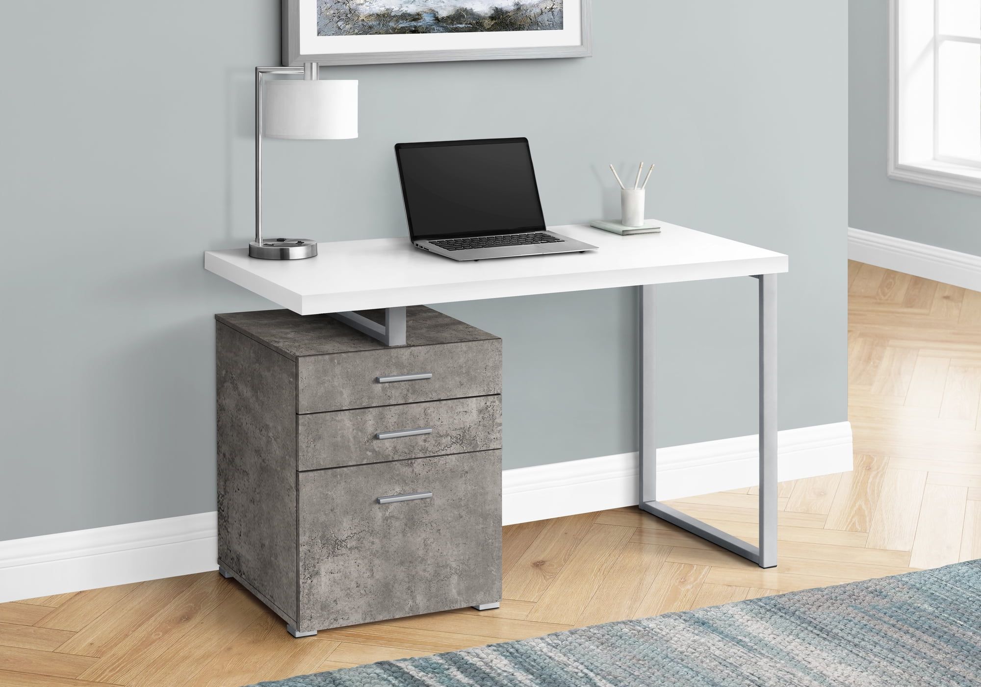 Modern White Concrete 48" Computer Desk with Filing Cabinet