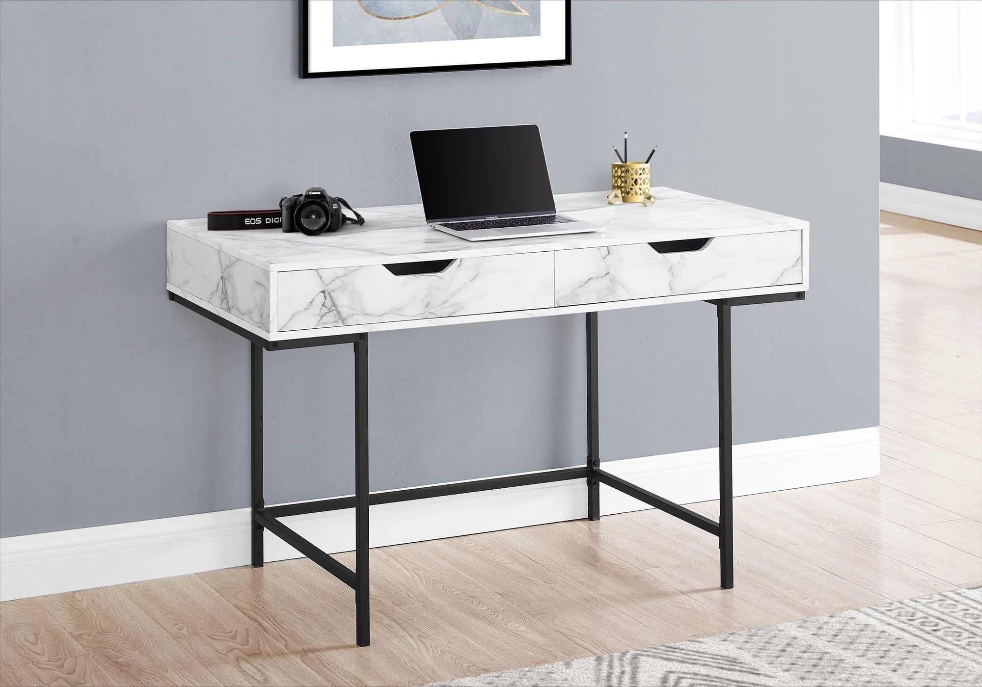 Sleek White Marble-Look Home Office Desk with Black Metal Legs