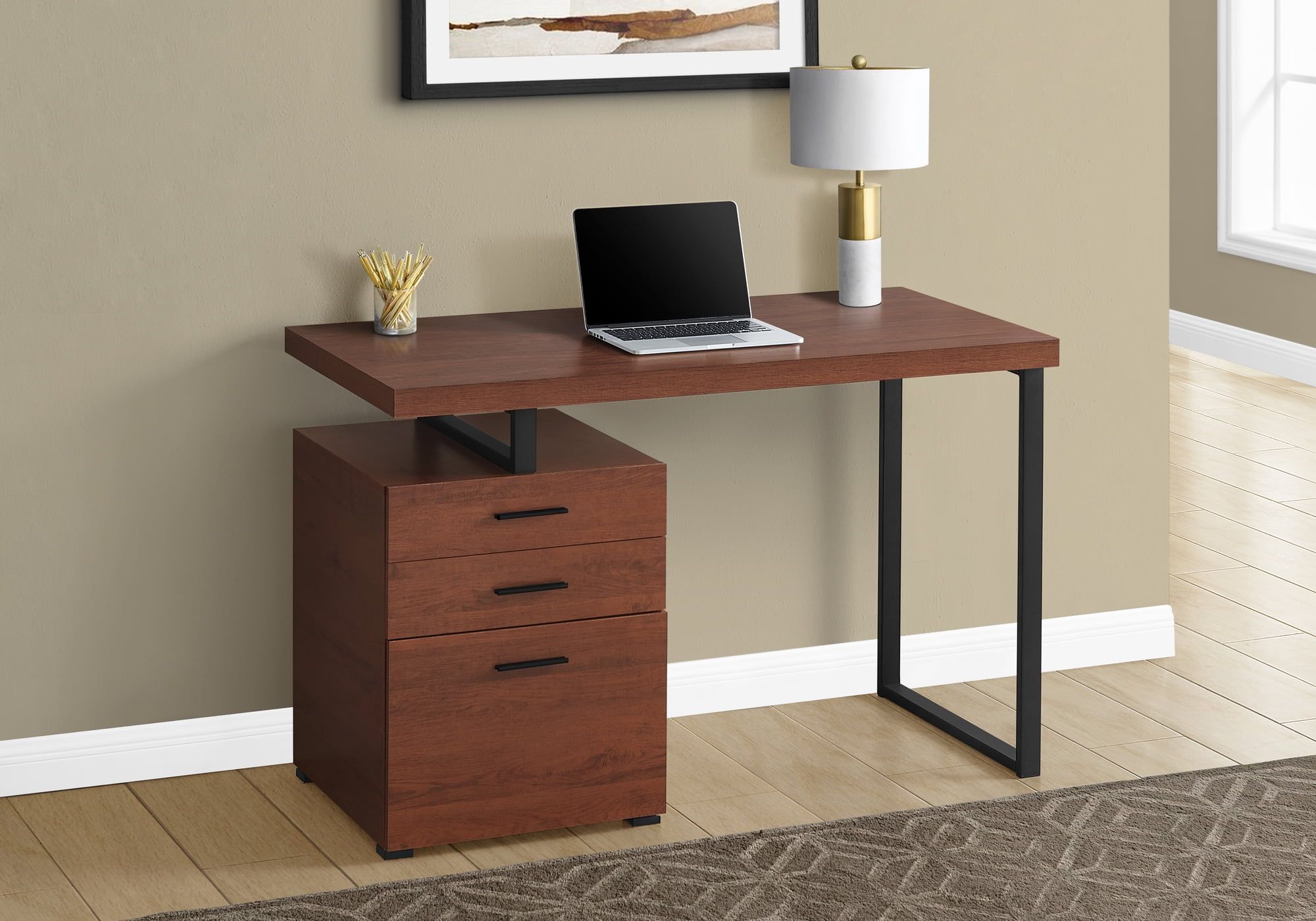 Contemporary 47'' Cherry and Black Home Office Desk with 3 Drawers