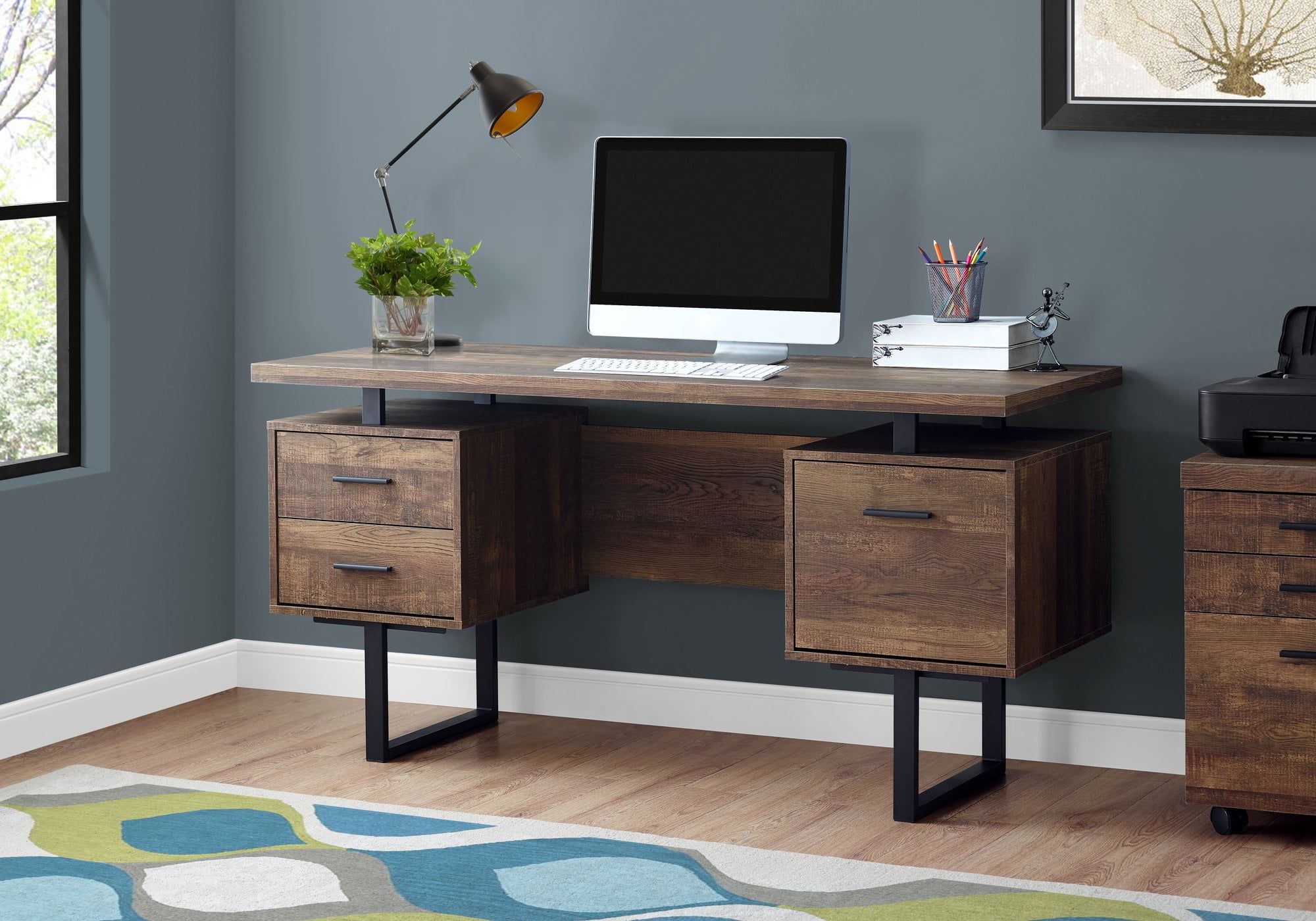 Transitional Brown Wood Home Office Desk with Metal Legs and 3 Drawers - 60"L