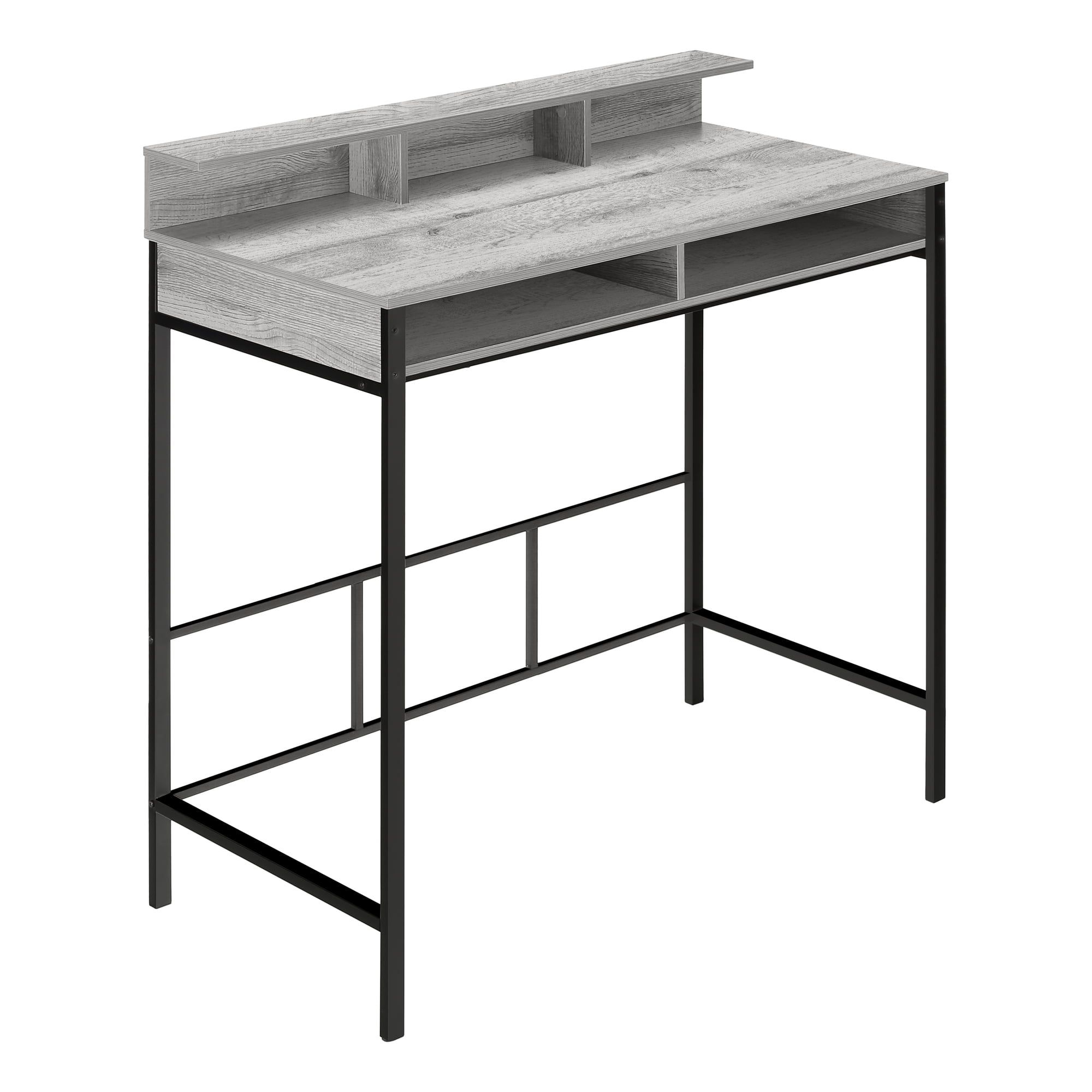 Gray Wood Standing Desk with Hutch and Black Metal Legs