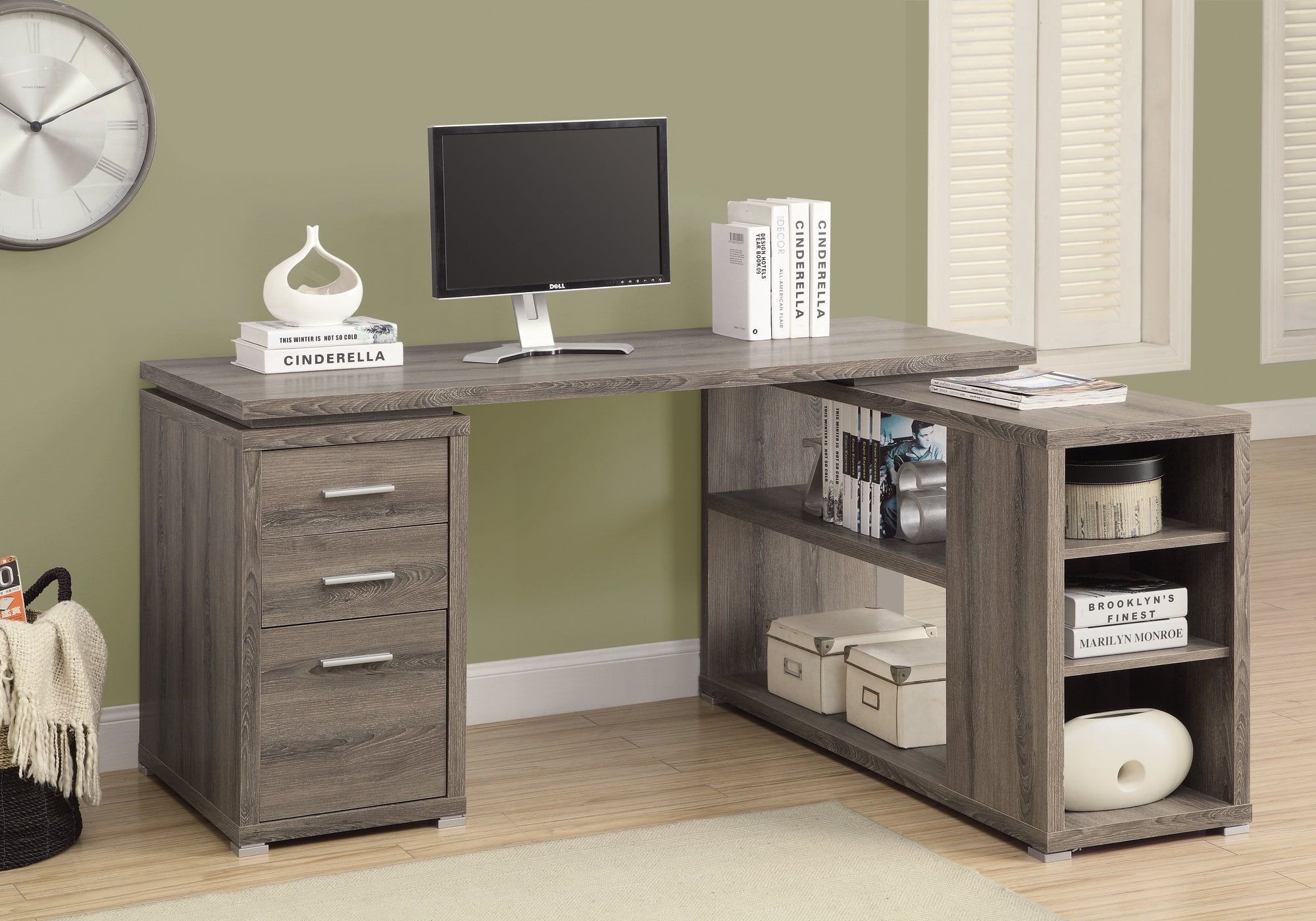 Dark Taupe Hollow-Core Wood L-Shaped Office Desk with Filing Cabinet