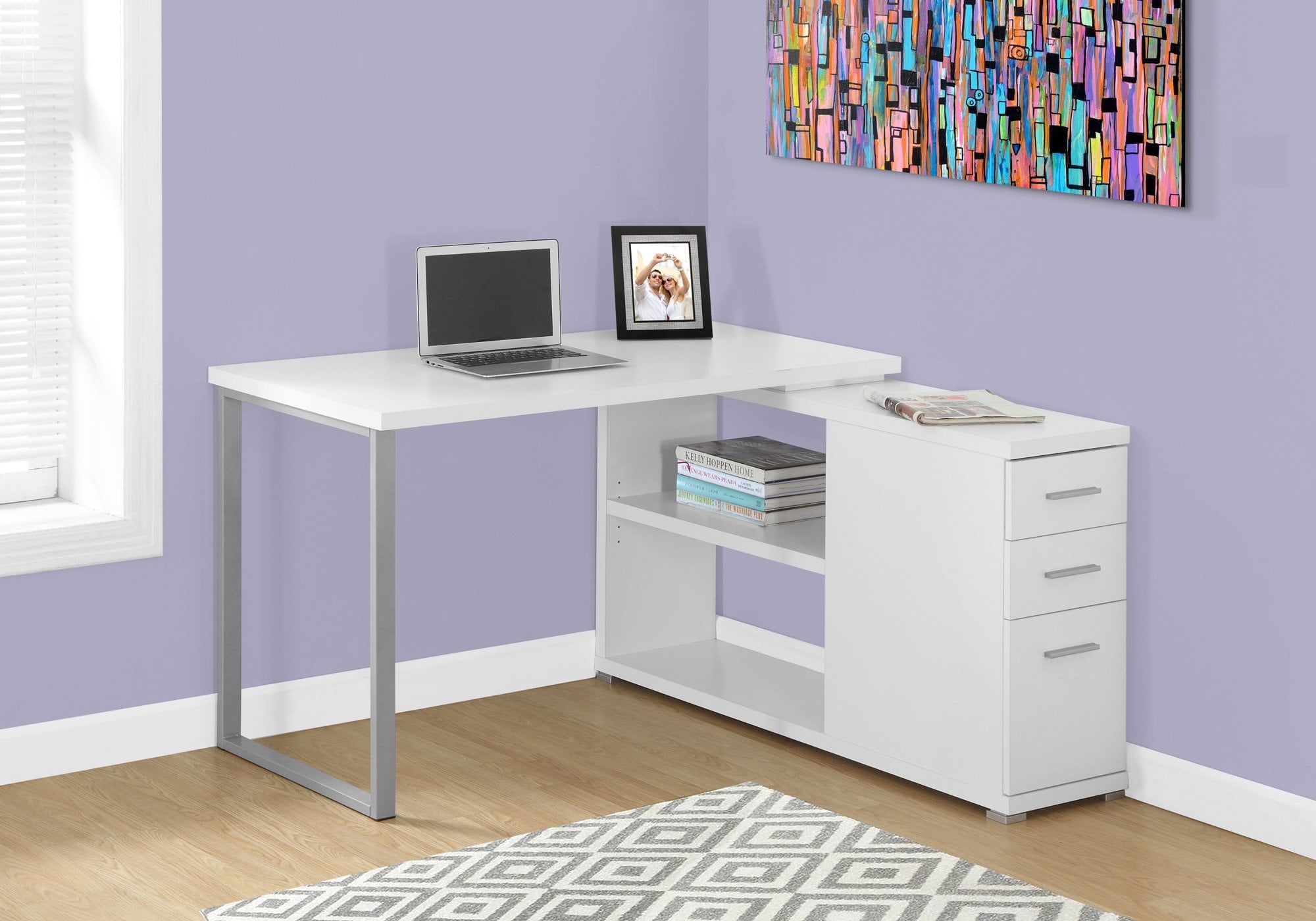 Contemporary White L-Shaped Home Office Desk with 3 Drawers and Filing Cabinet