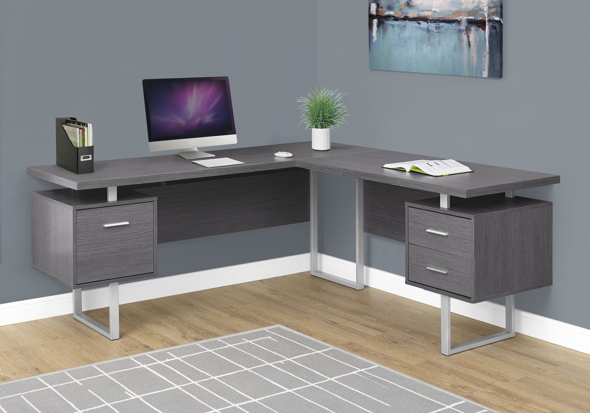 Gray L-Shaped Corner Computer Desk with Drawers and Filing Cabinet