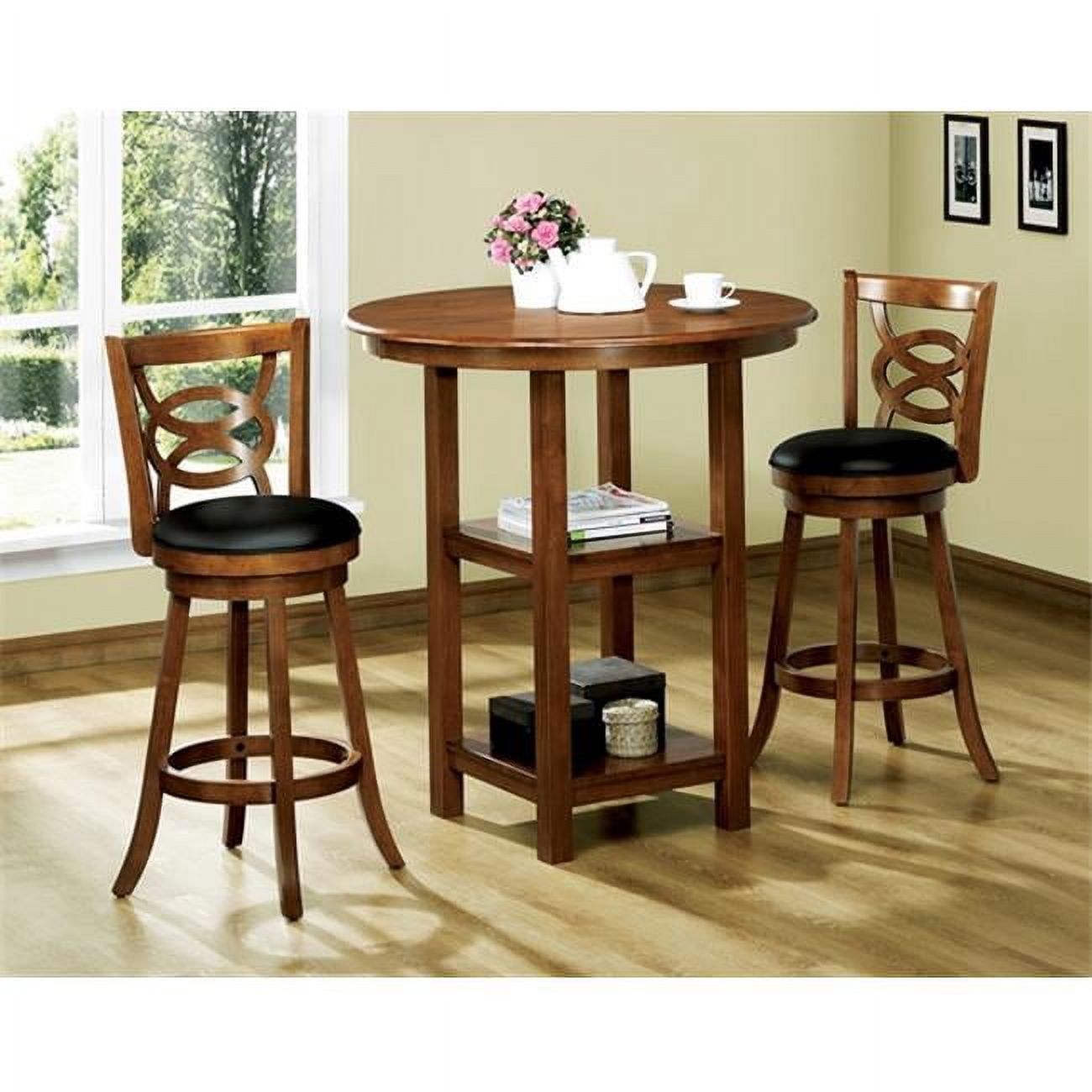 Dark Oak Swivel Bar Height Wood and Leather Stools, Set of 2