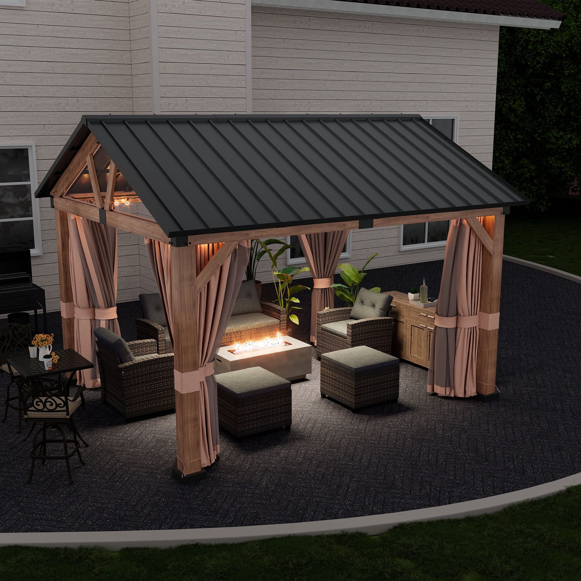 11' x 13' Brown Aluminum Patio Gazebo with Black Roof