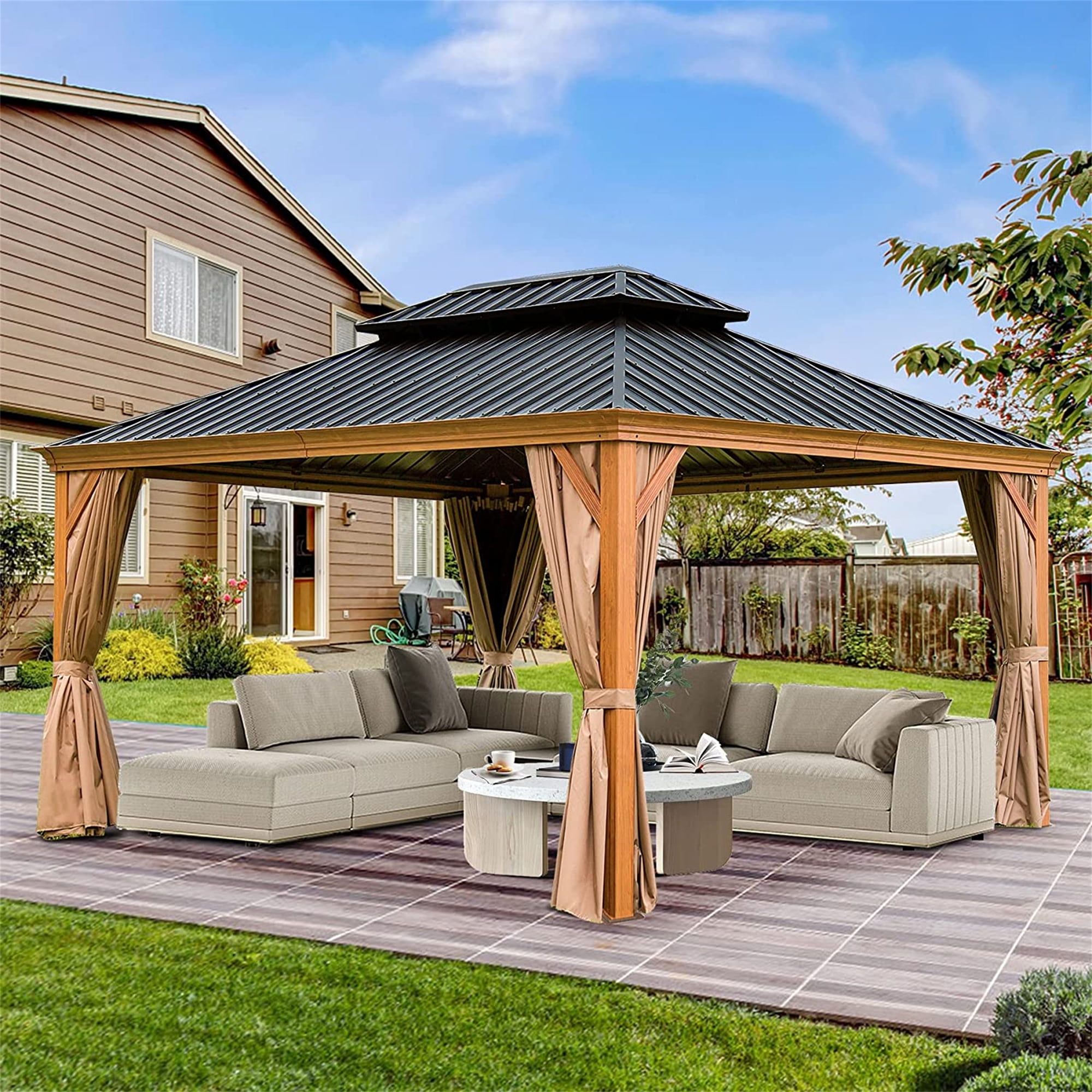 14' x 12' Brown Aluminum Patio Gazebo with Black Roof