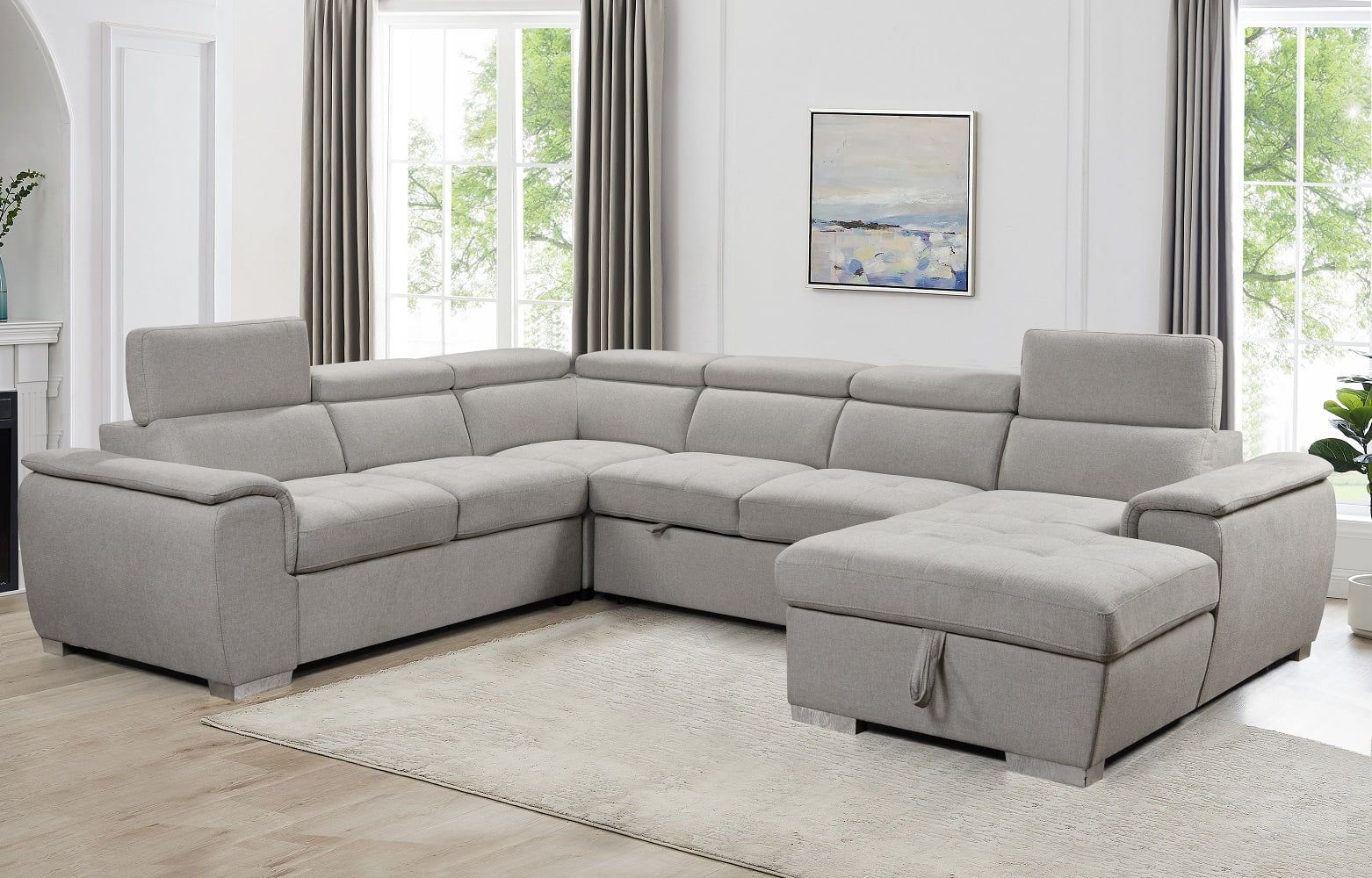 Beige U-Shaped Sectional Sofa with Storage and Adjustable Headrests