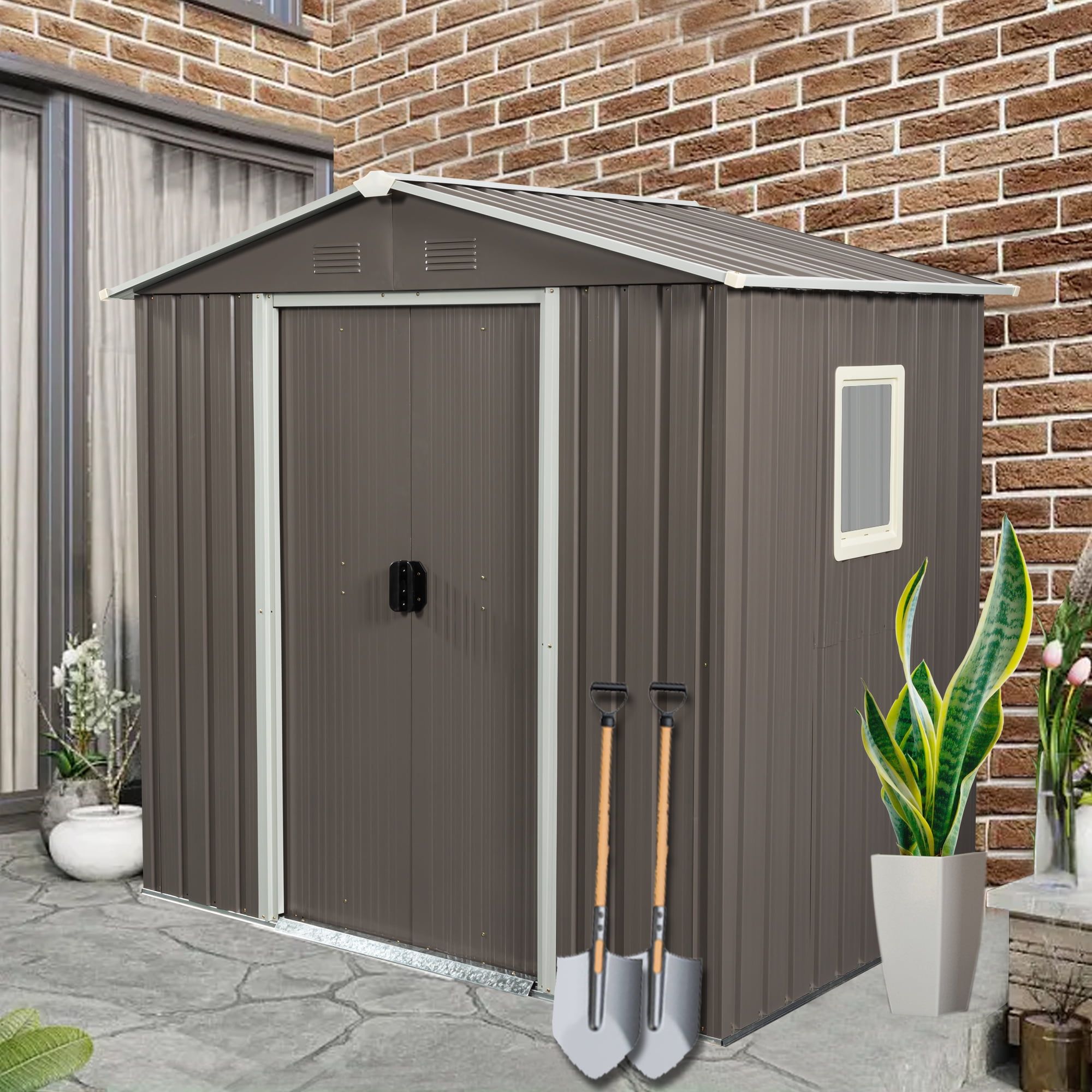 Gray 6x5 FT Metal Outdoor Storage Shed with Window