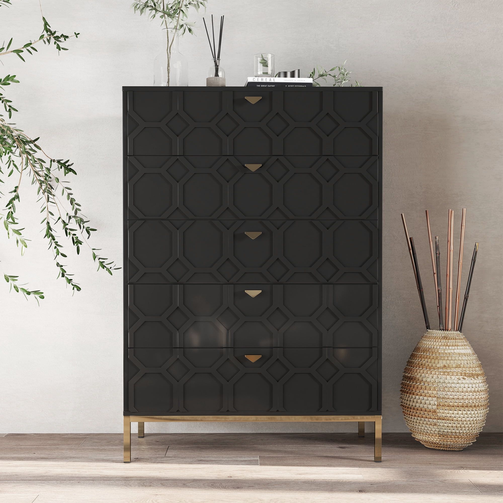 Mondawe Black Geometric 5-Drawer Accent Cabinet