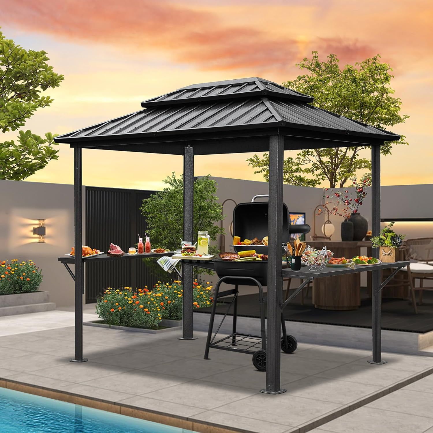 Black Aluminum 8' x 6' Grill Gazebo with Double Roof