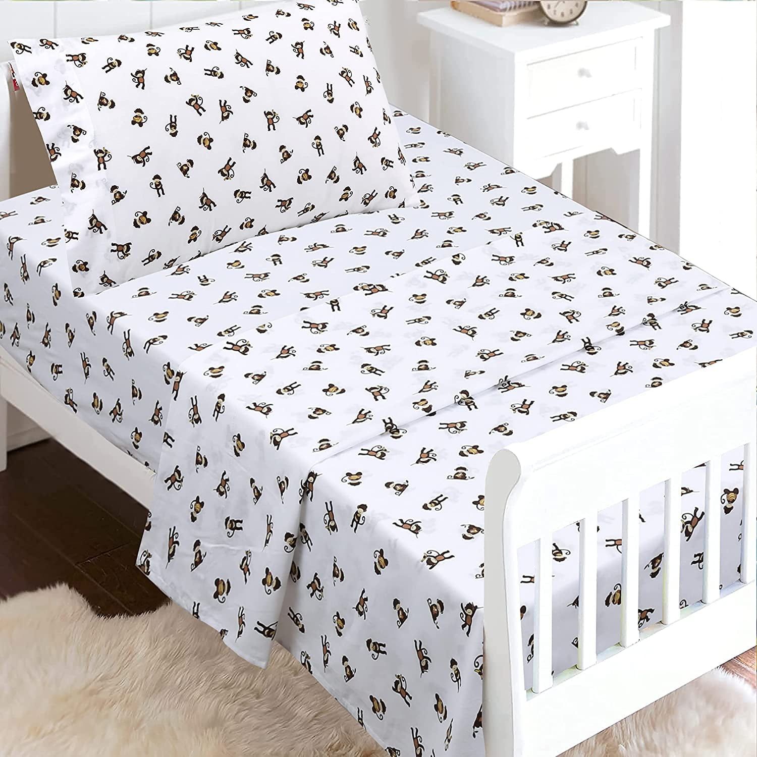 Monkey Print White Cotton Toddler Sheet Set, 3-Piece