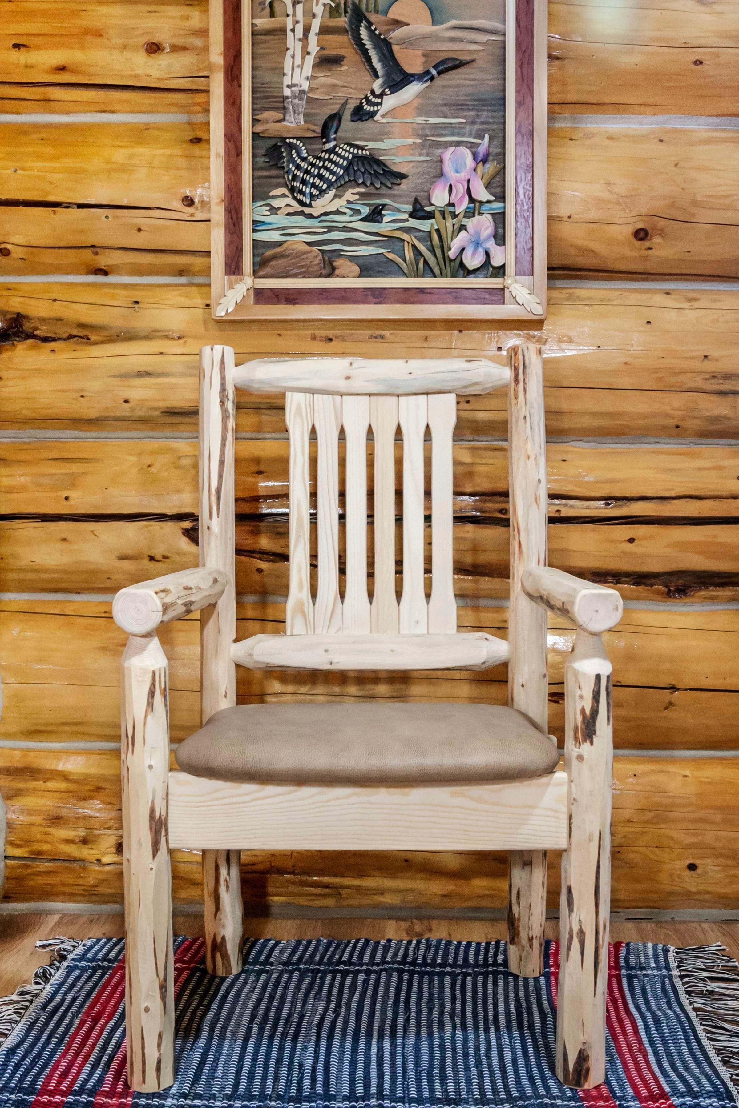 Buckskin Slat-Back Upholstered Arm Chair in Clear Lacquer Finish