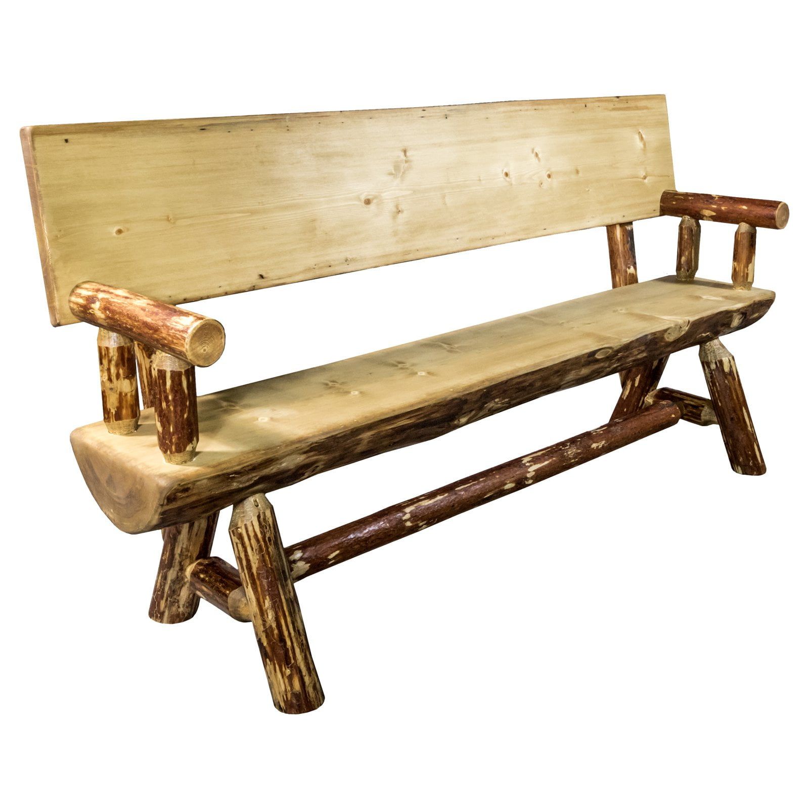 Rocky Mountain Rustic Pine Half Log Bench with Backrest, 6ft