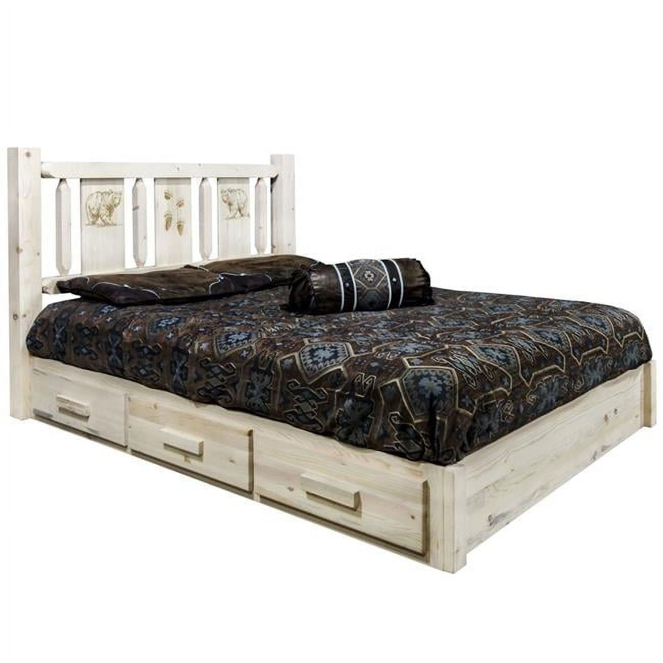 Rustic Pine Full Platform Bed with Storage and Bear Motif