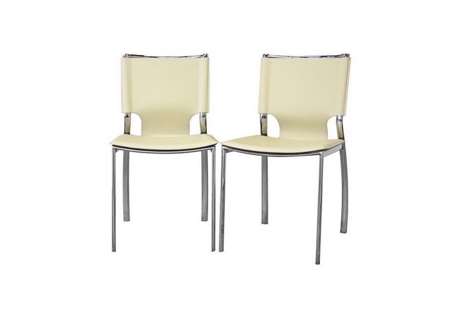 Ivory Leather and Chrome Modern Dining Chairs, Set of 2