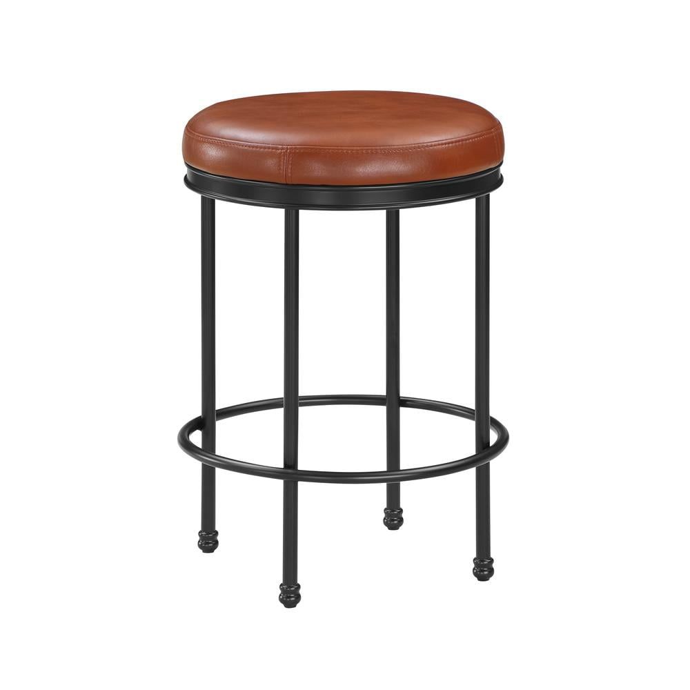 Montecarlo Adjustable Black Metal & Caramel Faux Leather Backless Stool