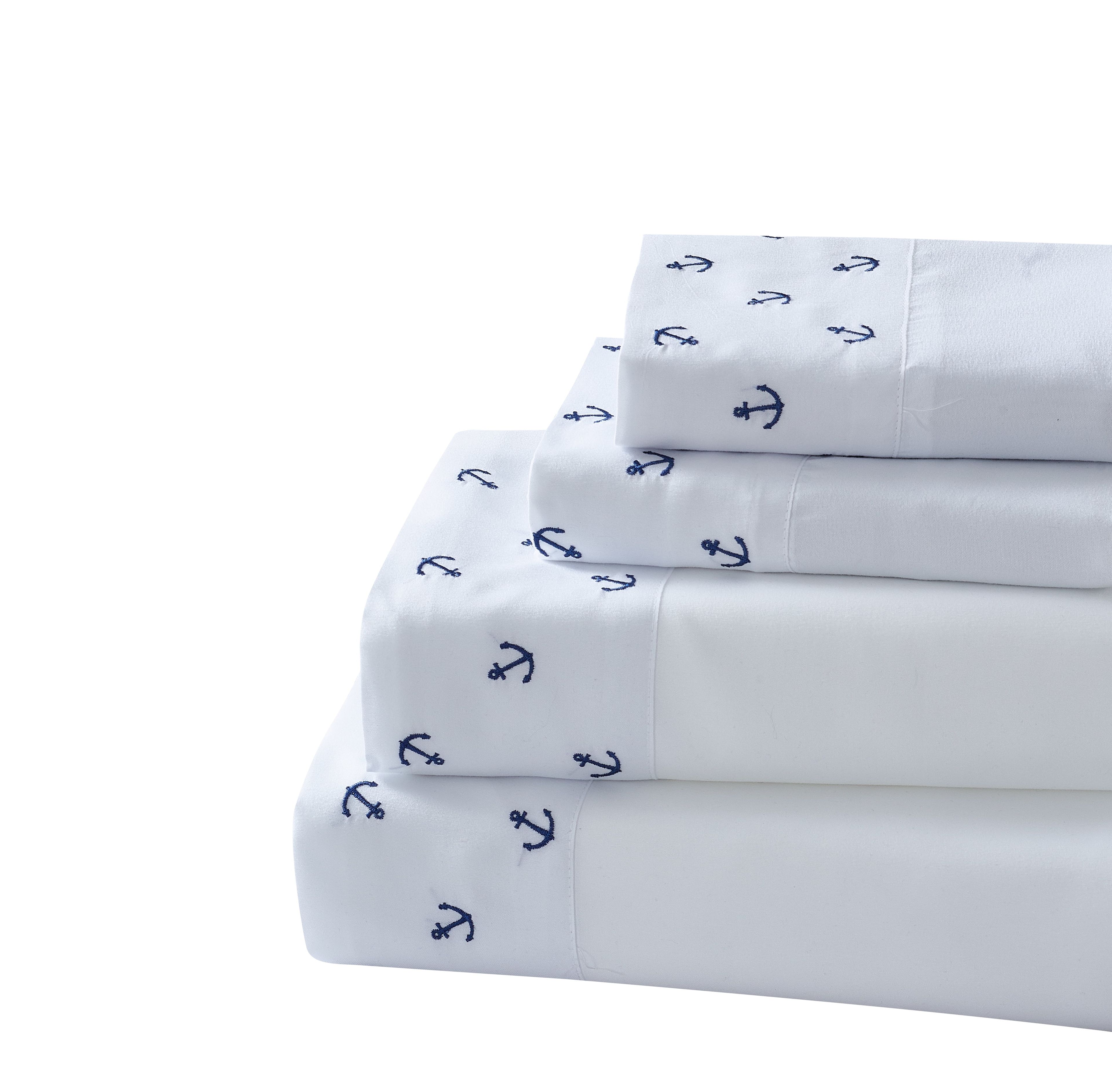 White Embroidered Anchor Microfiber Full Sheet Set