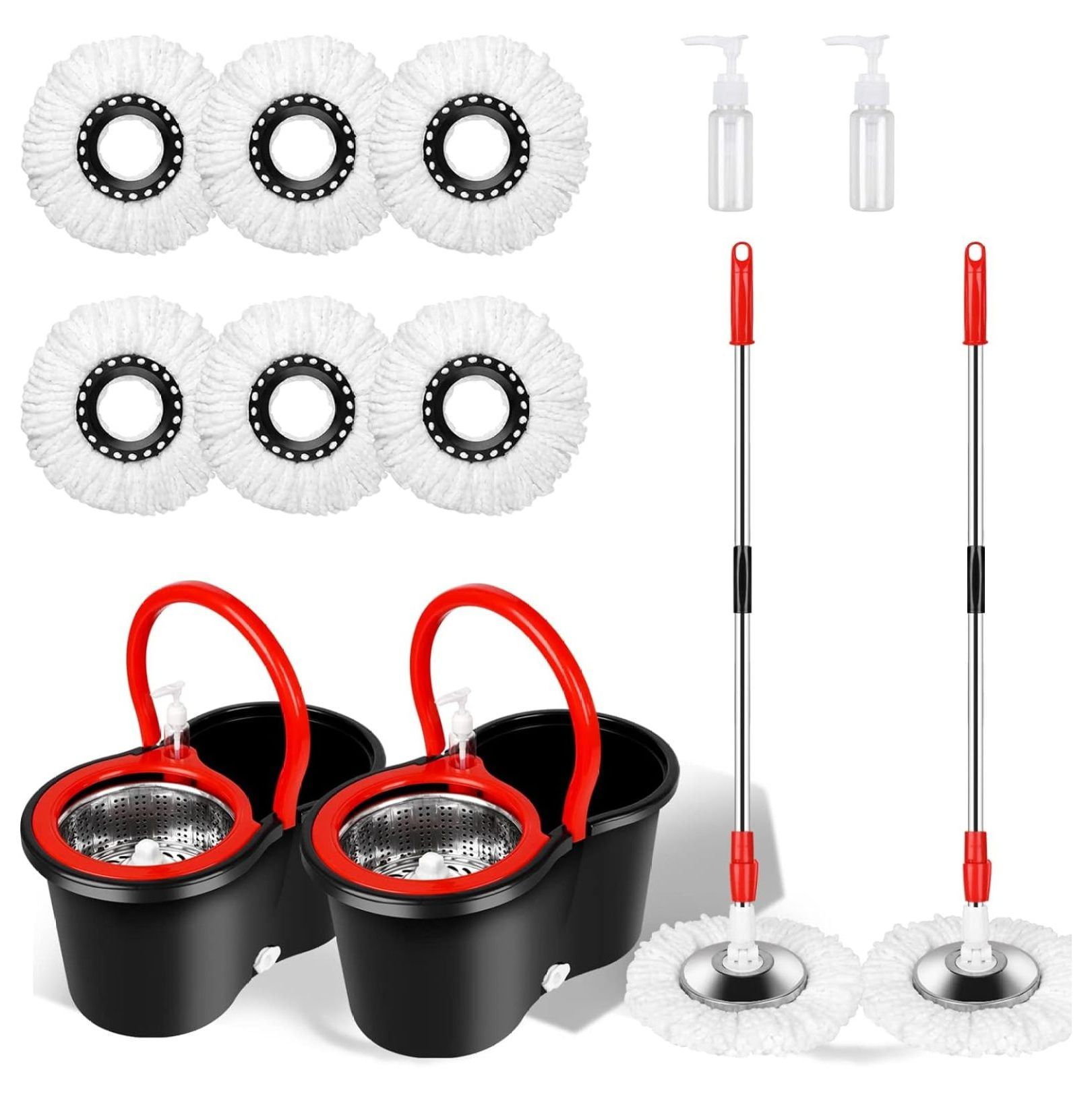 Black and Red 360 Degree Spin Mop Bucket Set with Microfiber Refills