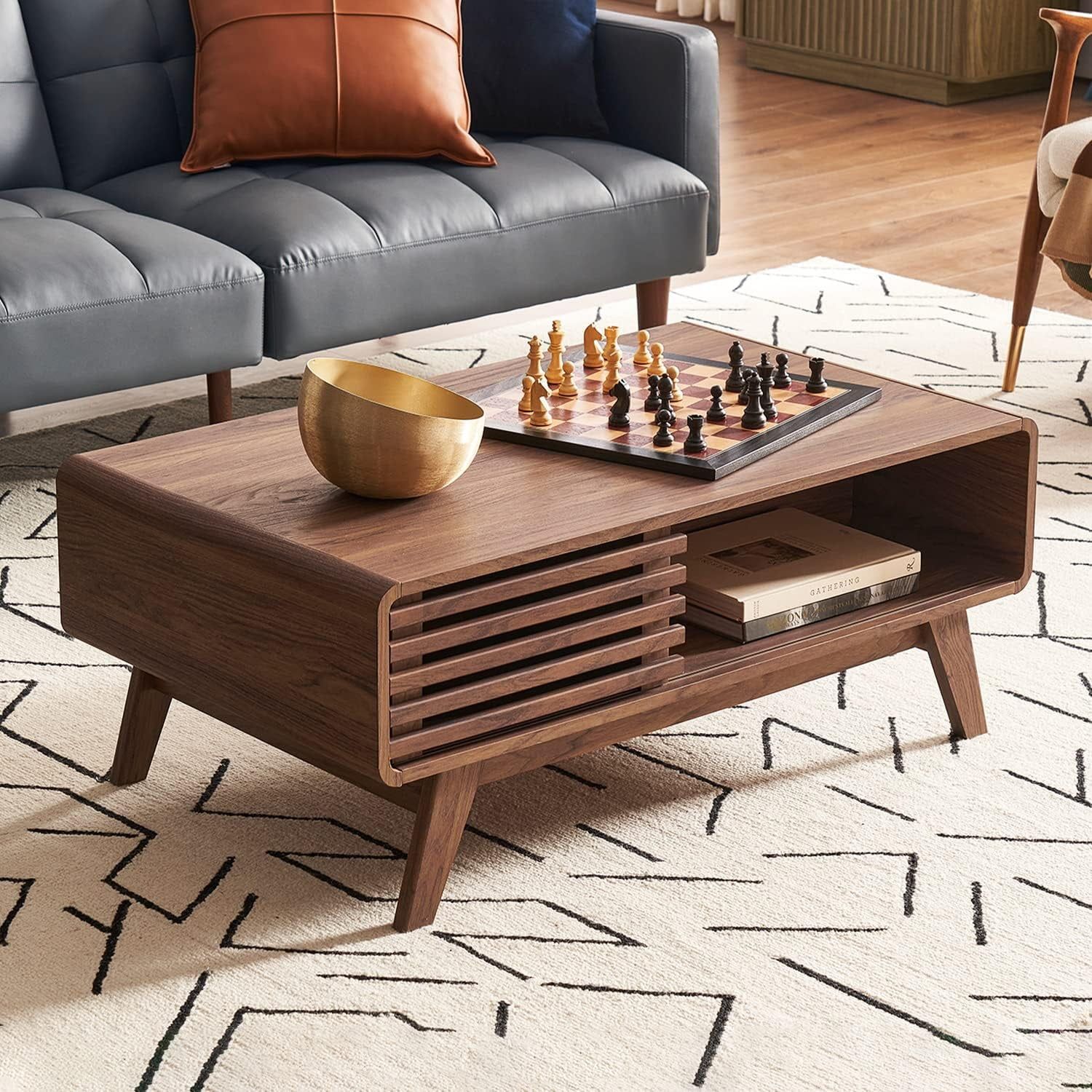 Walnut Mid-Century Modern Rectangular Coffee Table with Dual Storage