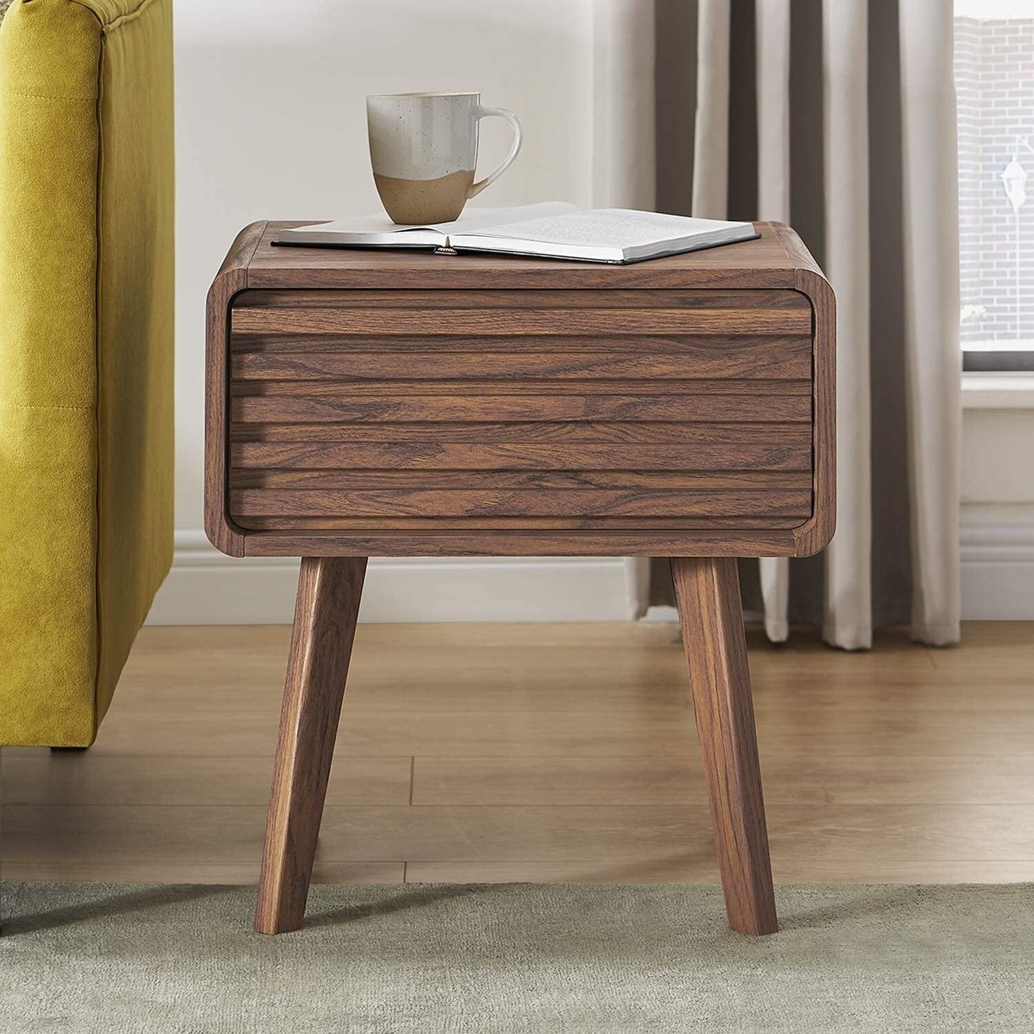 Walnut Grain Mid Century Modern Nightstand with Slatted Drawer