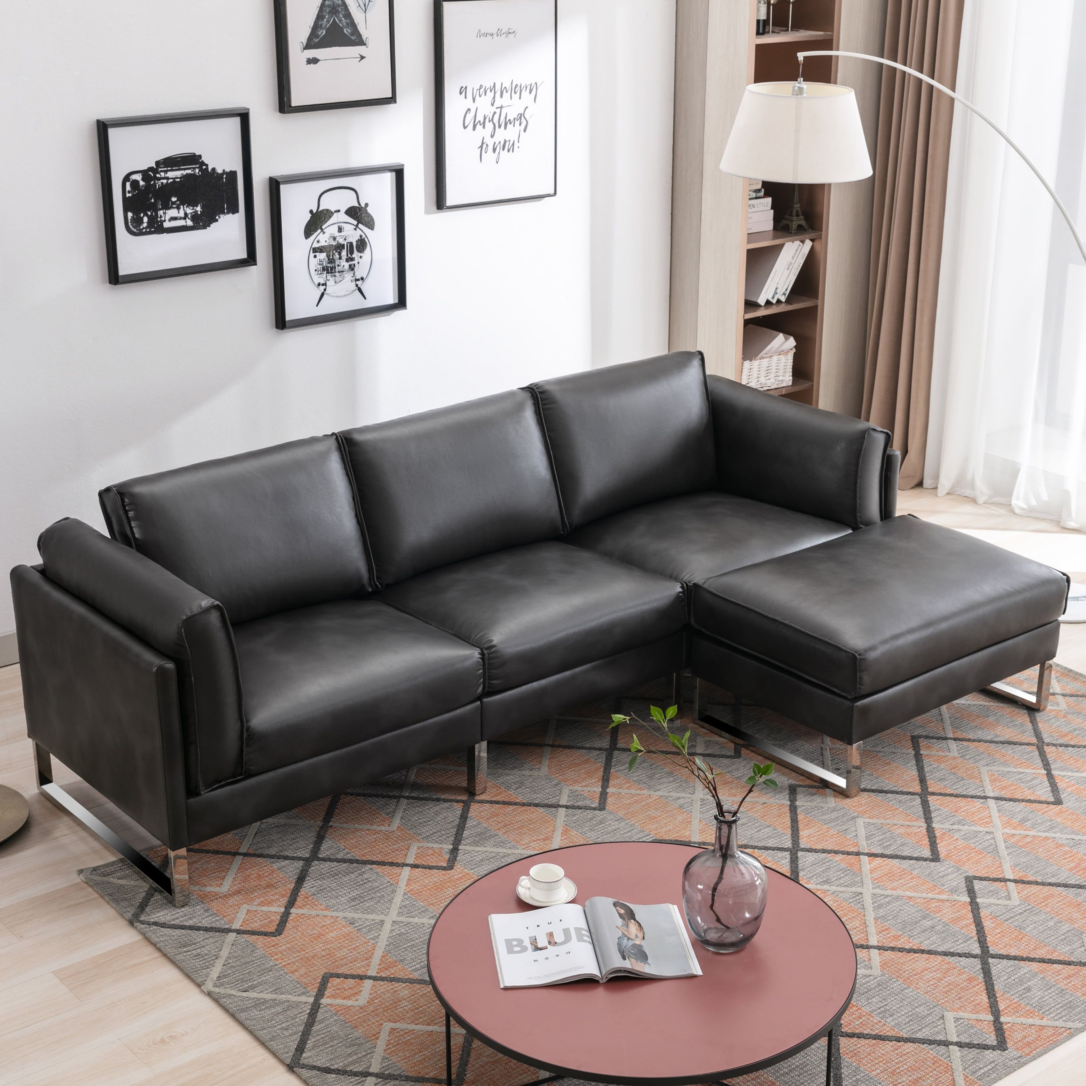 Gray Faux Leather L-Shaped Sectional Sofa with Ottoman