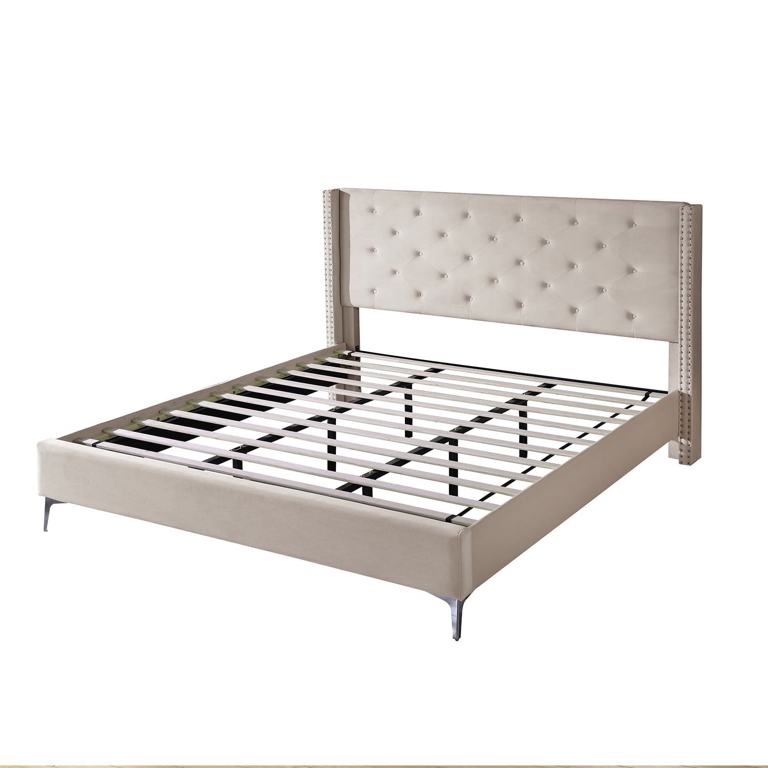 Cream Velvet Upholstered California King Platform Bed with Tufted Headboard