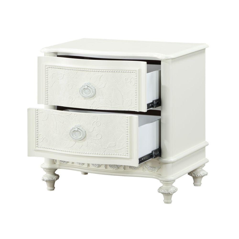 Ivory Pine Wood Nightstand with 2 Drawers and Floral Details