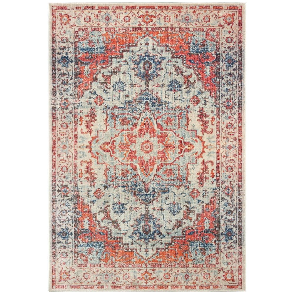 Brighton Blue Bordered Vintage Easy-Care Area Rug 3'10" x 5'5"