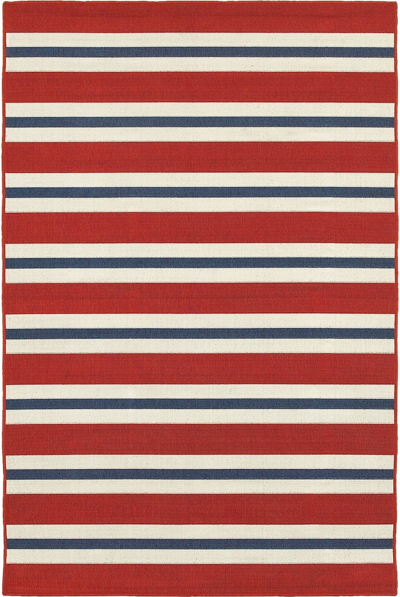 Red and White Striped Polypropylene Outdoor Rug, 7'10" x 10'10"