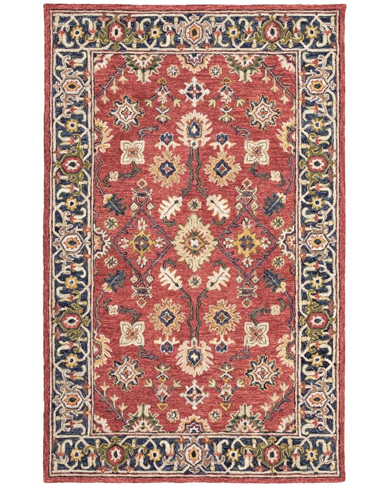 Red and Blue Floral Wool 5' x 8' Area Rug