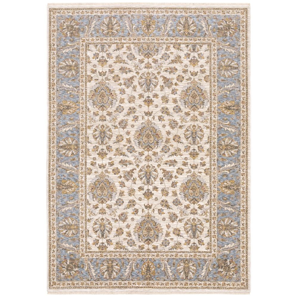 Ivory and Blue Synthetic Rectangular Hand-knotted Area Rug
